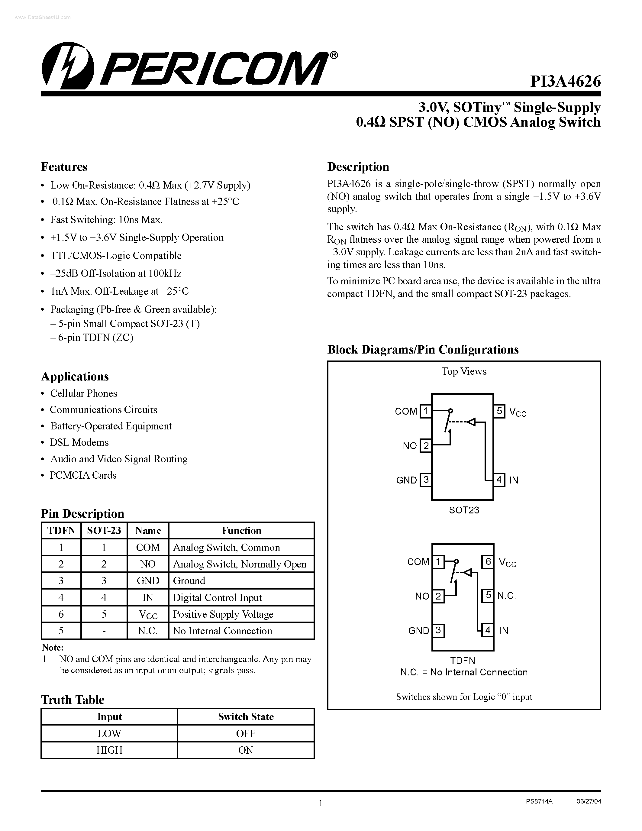 Datasheet PI3A4626 page 1 Datasheet PI3A4626 - CMOS Analog Switch page 1