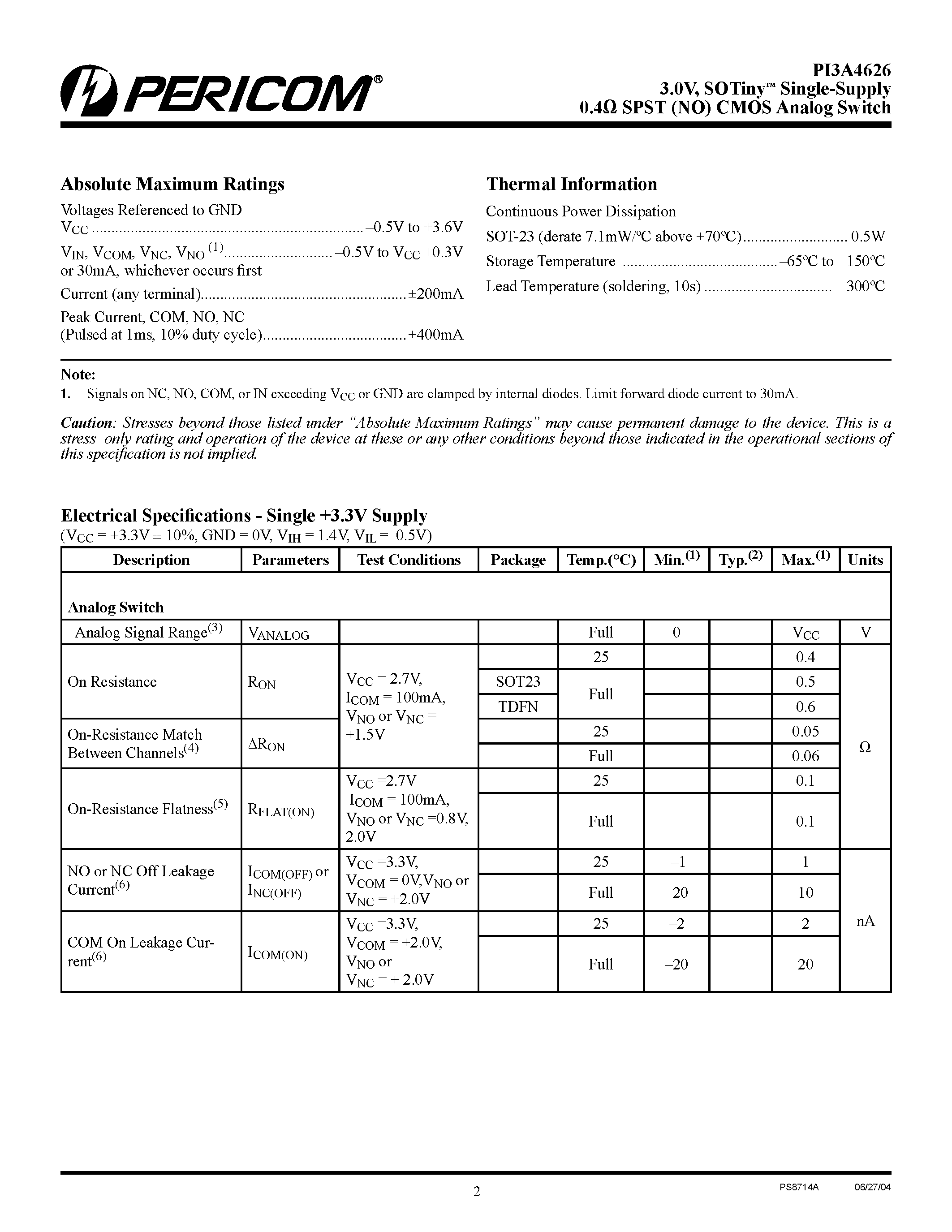 Datasheet PI3A4626 page 2 Datasheet PI3A4626 - CMOS Analog Switch page 2