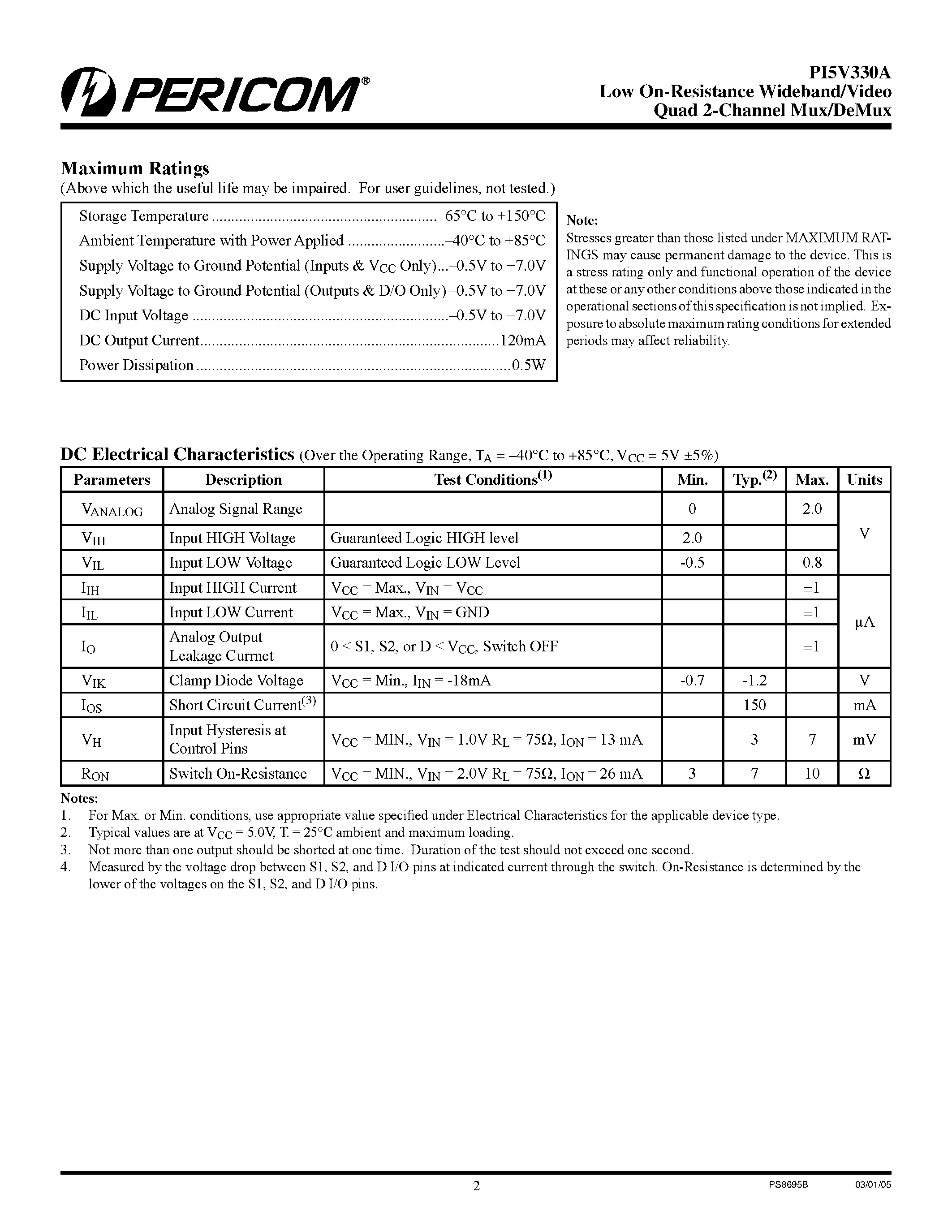 Datasheet PI5V330A - Low On-Resistance Wideband/Video Quad 2-Channel Mux/DeMux page 2