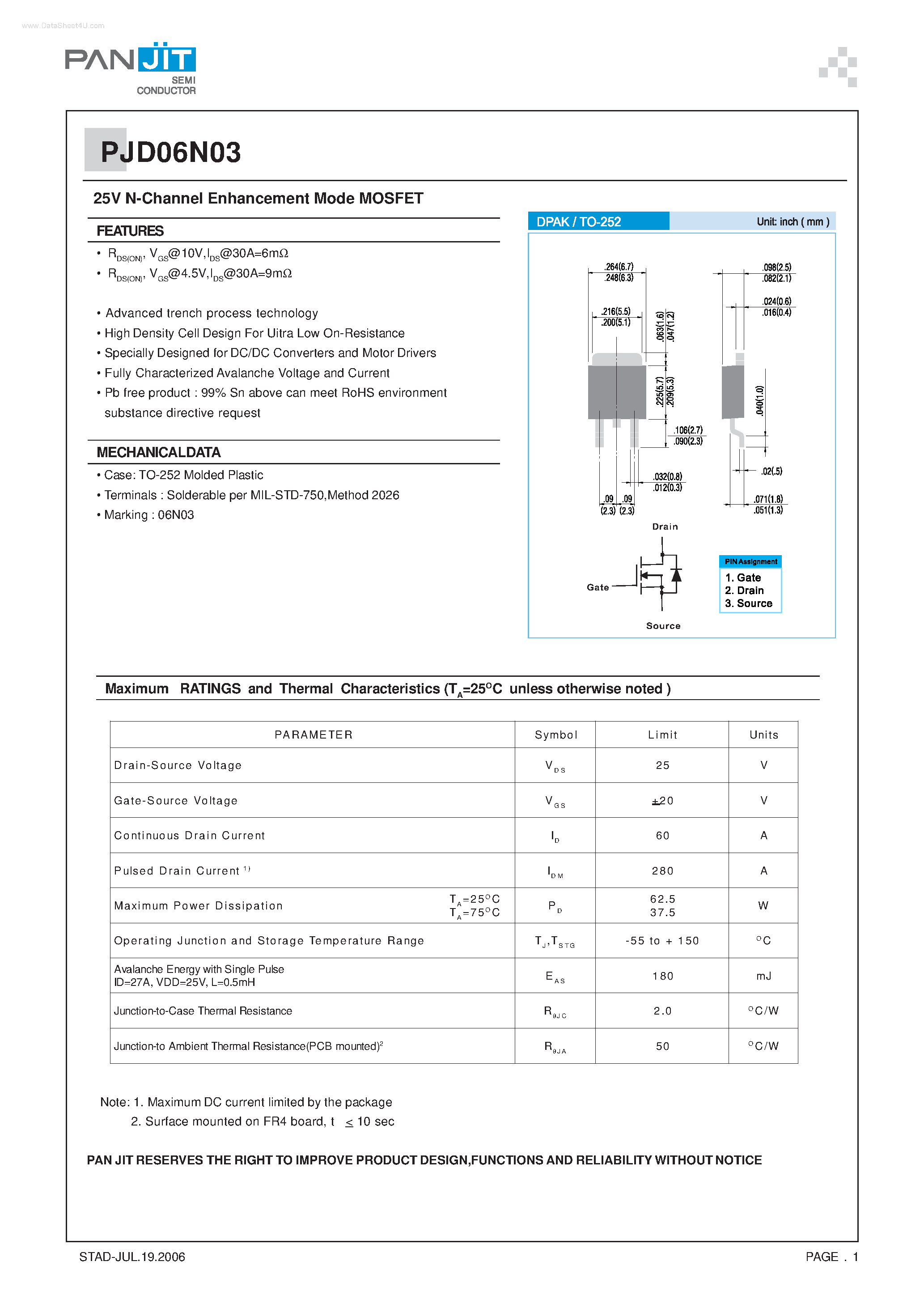 Datasheet PJD06N03 - N-Channel Enhancement Mode MOSFET page 1