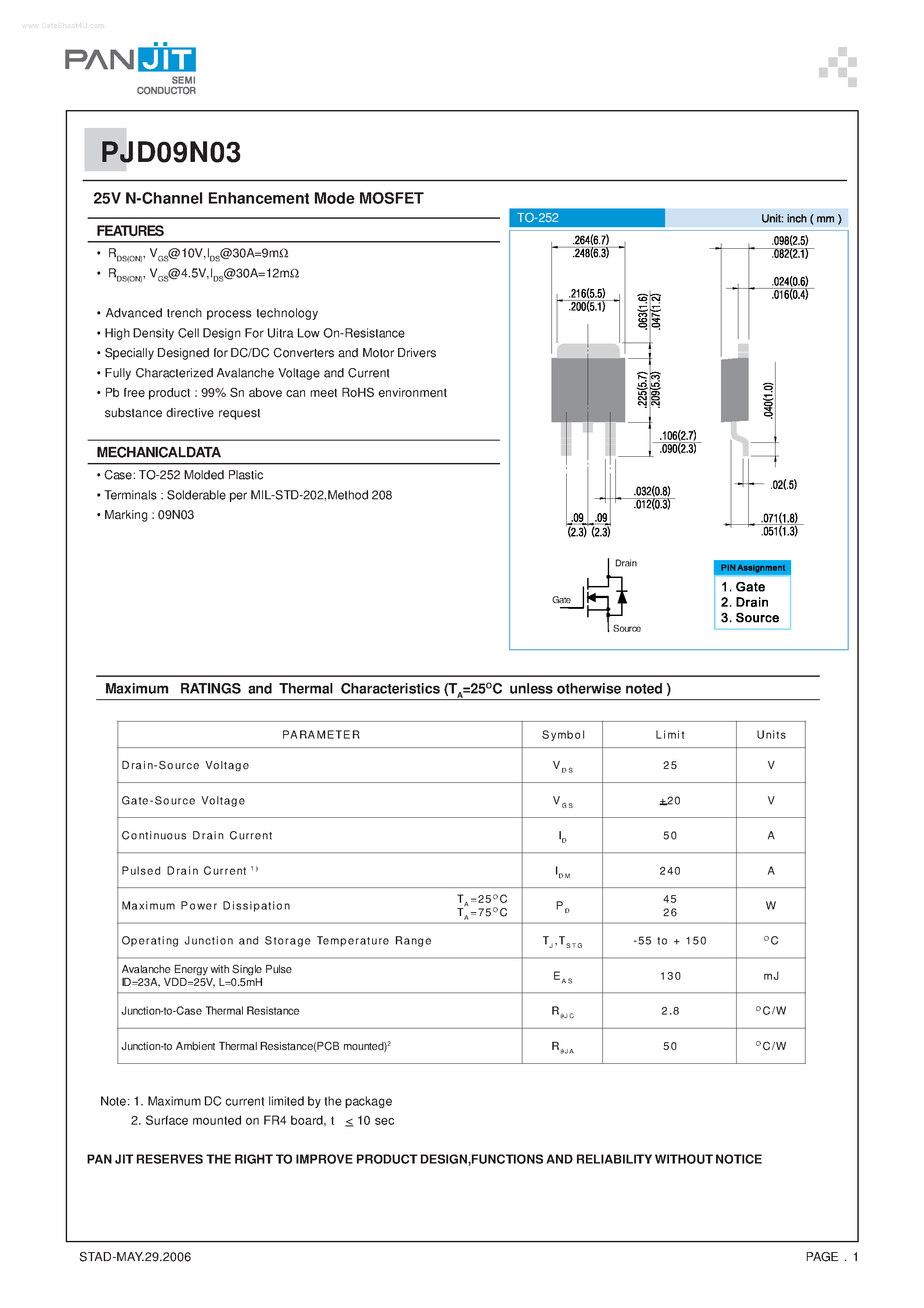 Datasheet PJD09N03 - N-Channel Enhancement Mode MOSFET page 1