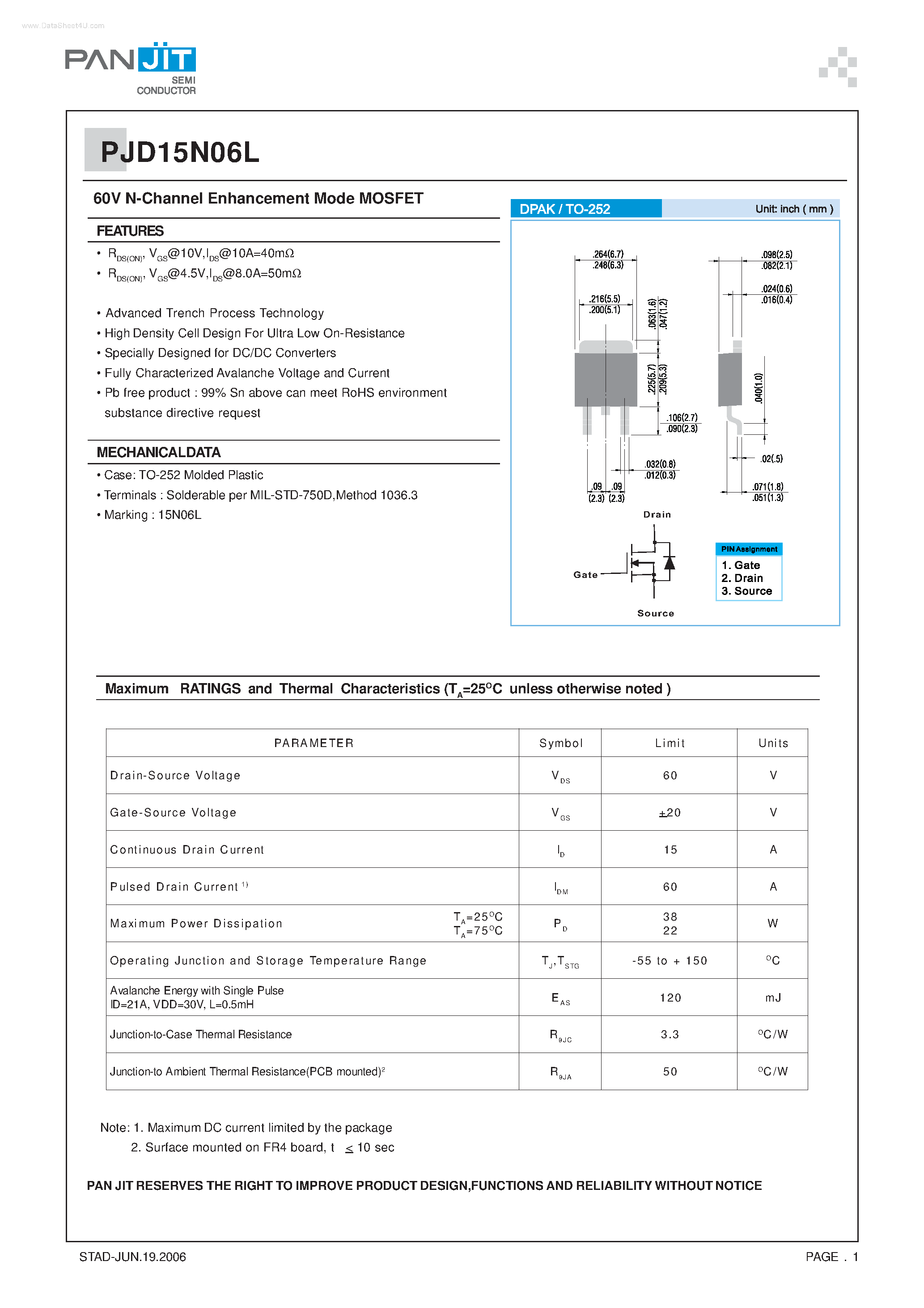 Datasheet PJD15N06L - N-Channel Enhancement Mode MOSFET page 1