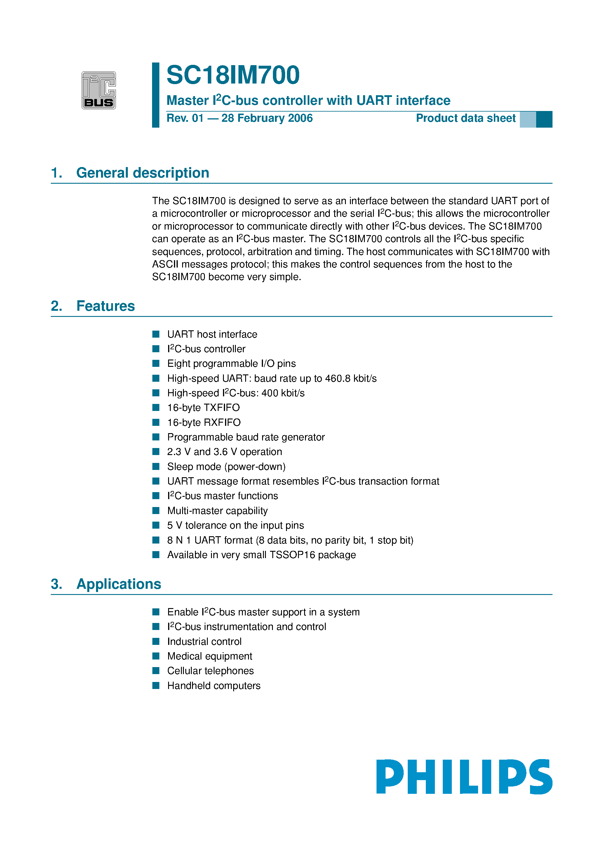 Datasheet SC18IM700 - Master I-2C - bus controller page 1