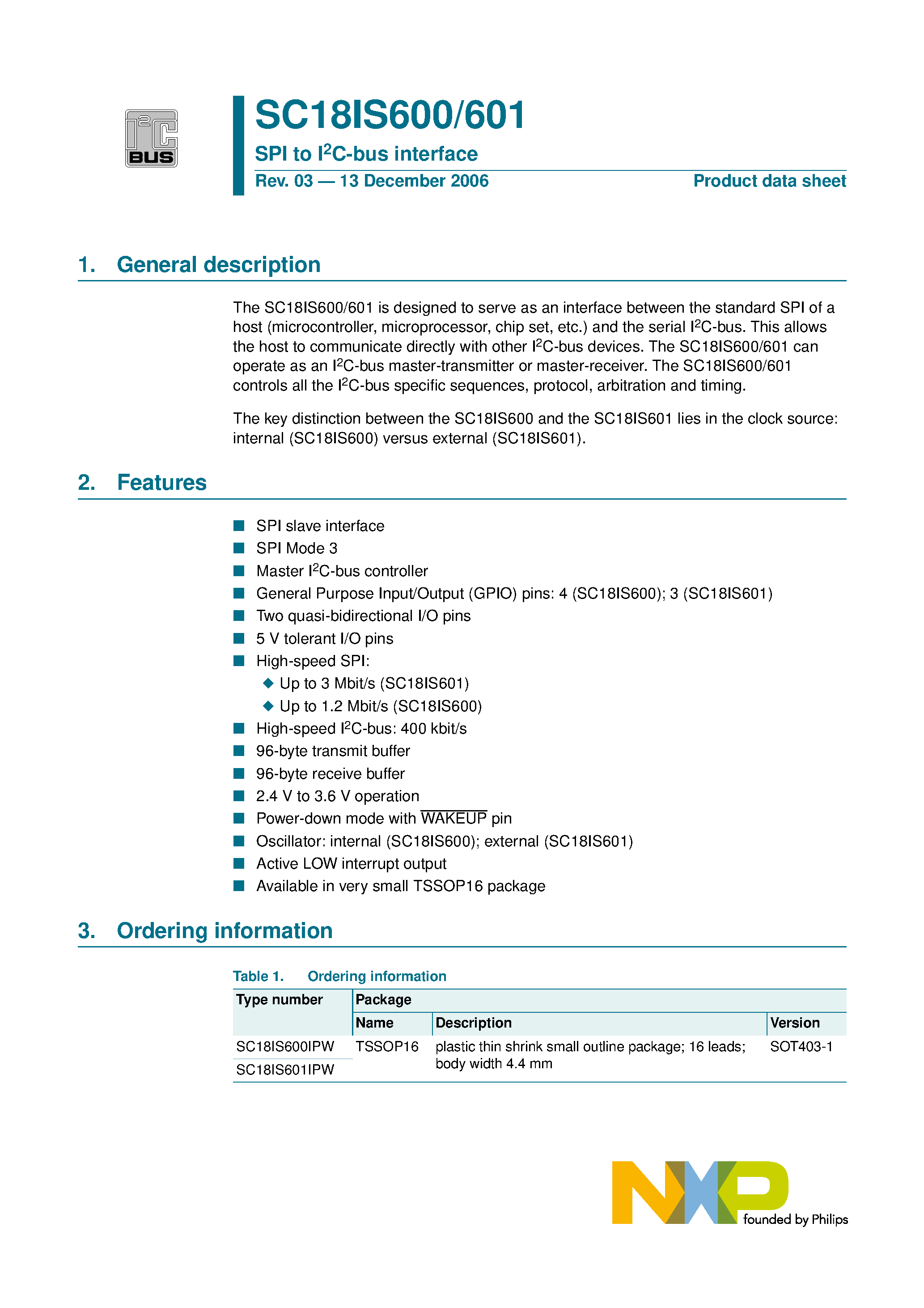 Datasheet SC18IS600 - (SC18IS600 / SC18IS601) SPI to IC-bus interface page 1