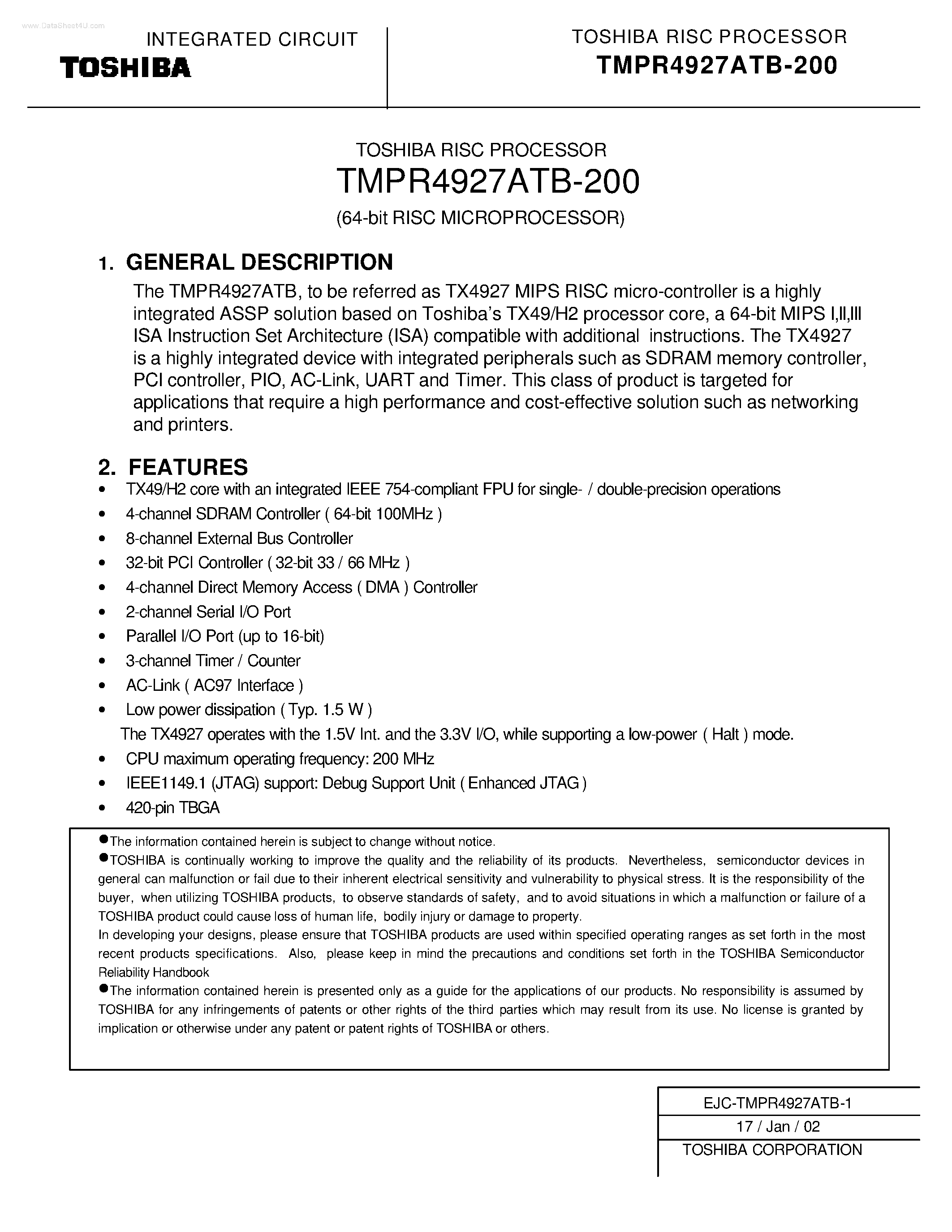 Datasheet TMPR4927ATB-200 page 1 Datasheet TMPR4927ATB-200 - RISC PROCESSOR page 1