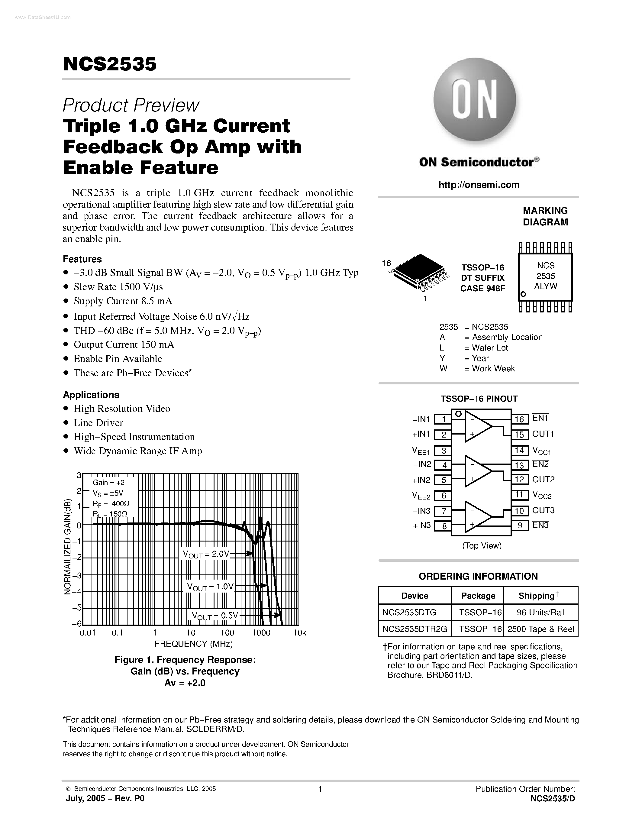 Datasheet NCS2535 - Triple 1.0 GHz Current Feedback Op Amp page 1