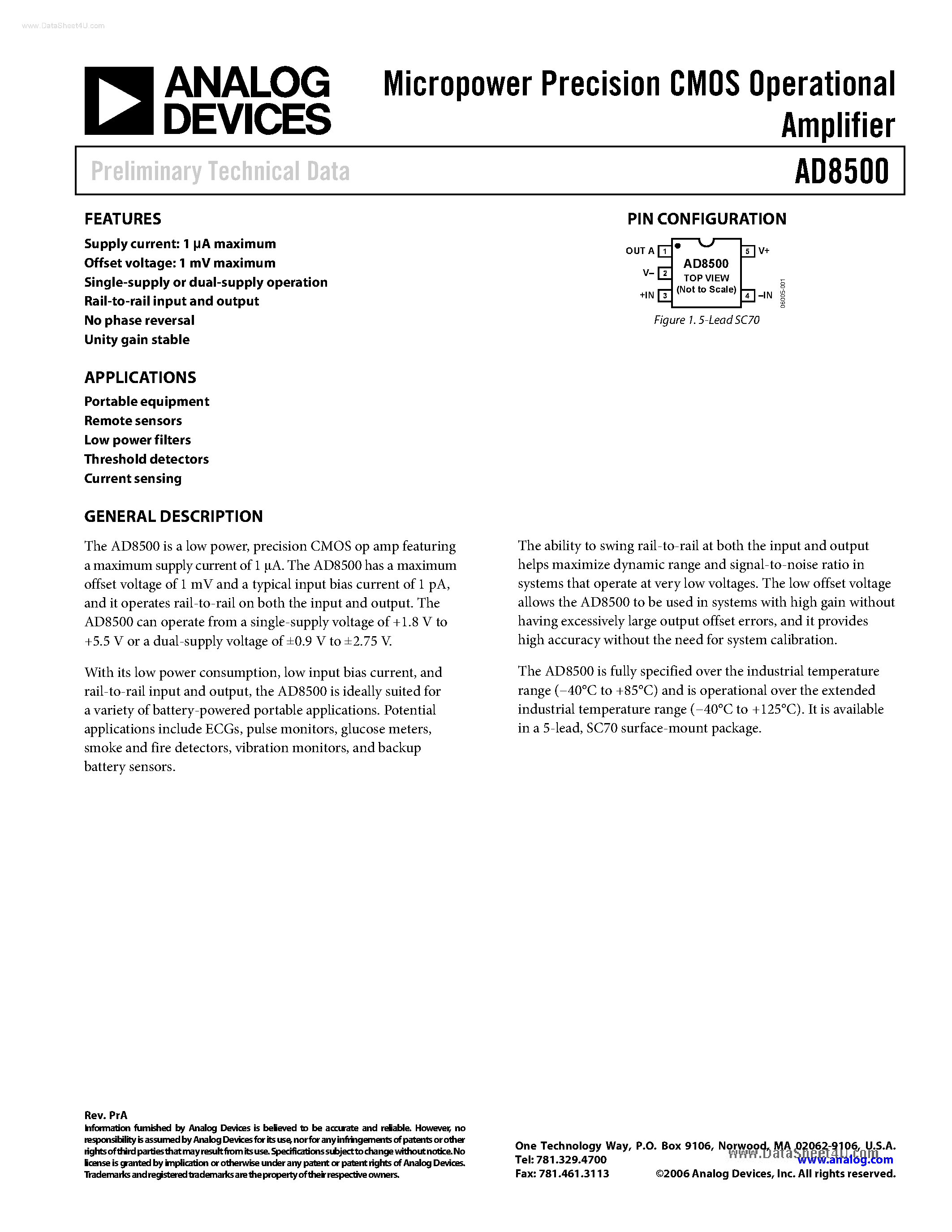 Datasheet AD8500 page 1 Datasheet AD8500 - precision CMOS op amp featuring a maximum supply current page 1