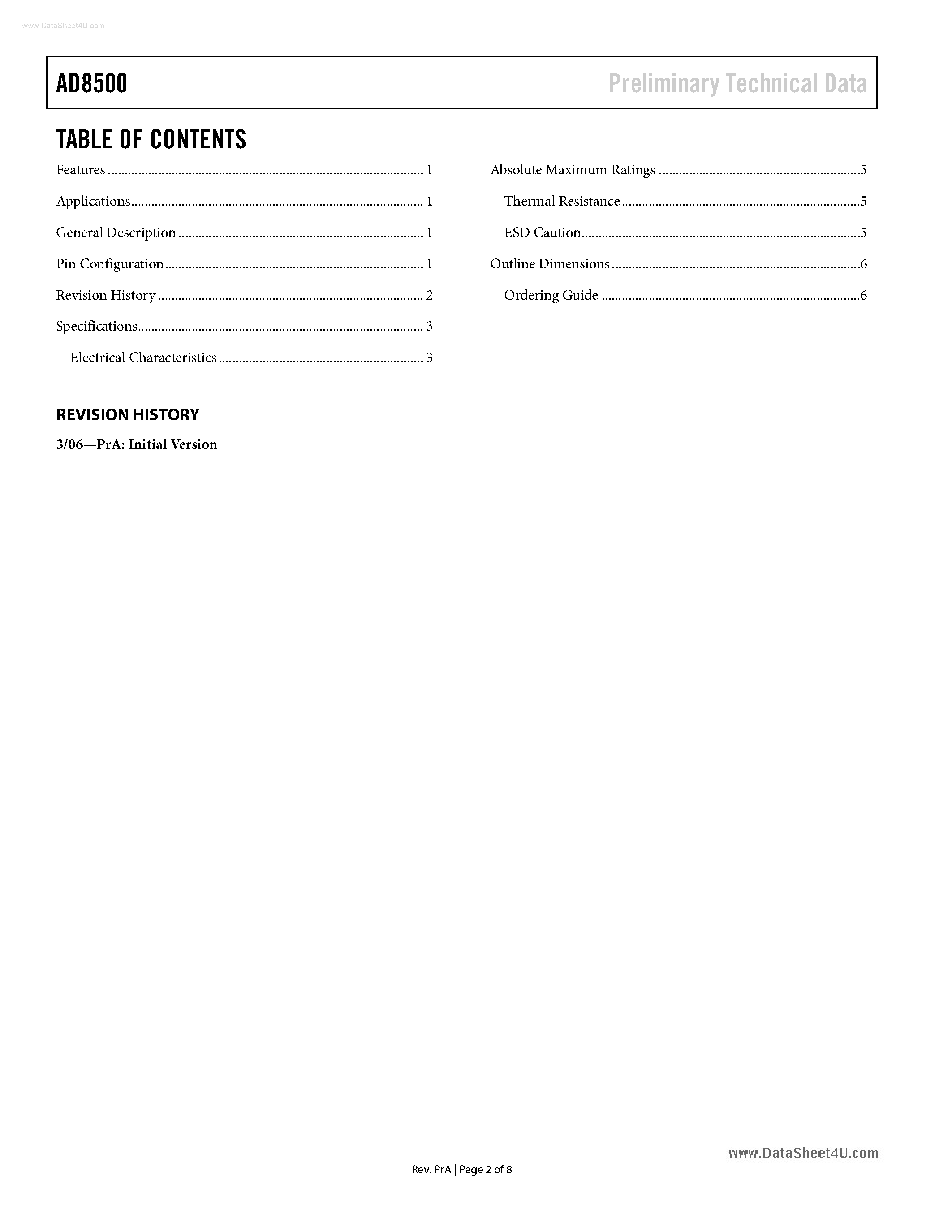 Datasheet AD8500 page 2 Datasheet AD8500 - precision CMOS op amp featuring a maximum supply current page 2