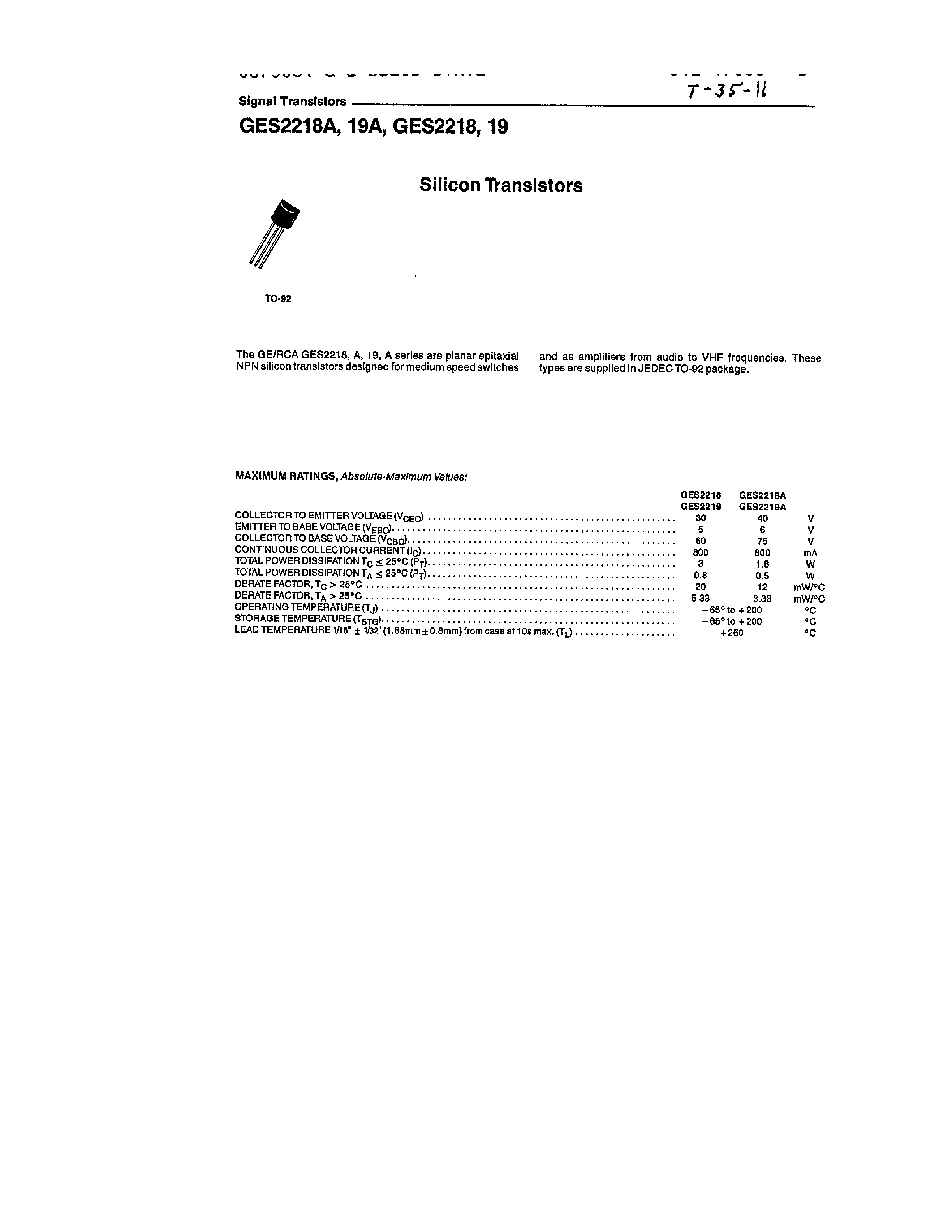 Даташит GES2218 - (GES2218x / GES2219x) SILLCON TRANSISTORS страница 1