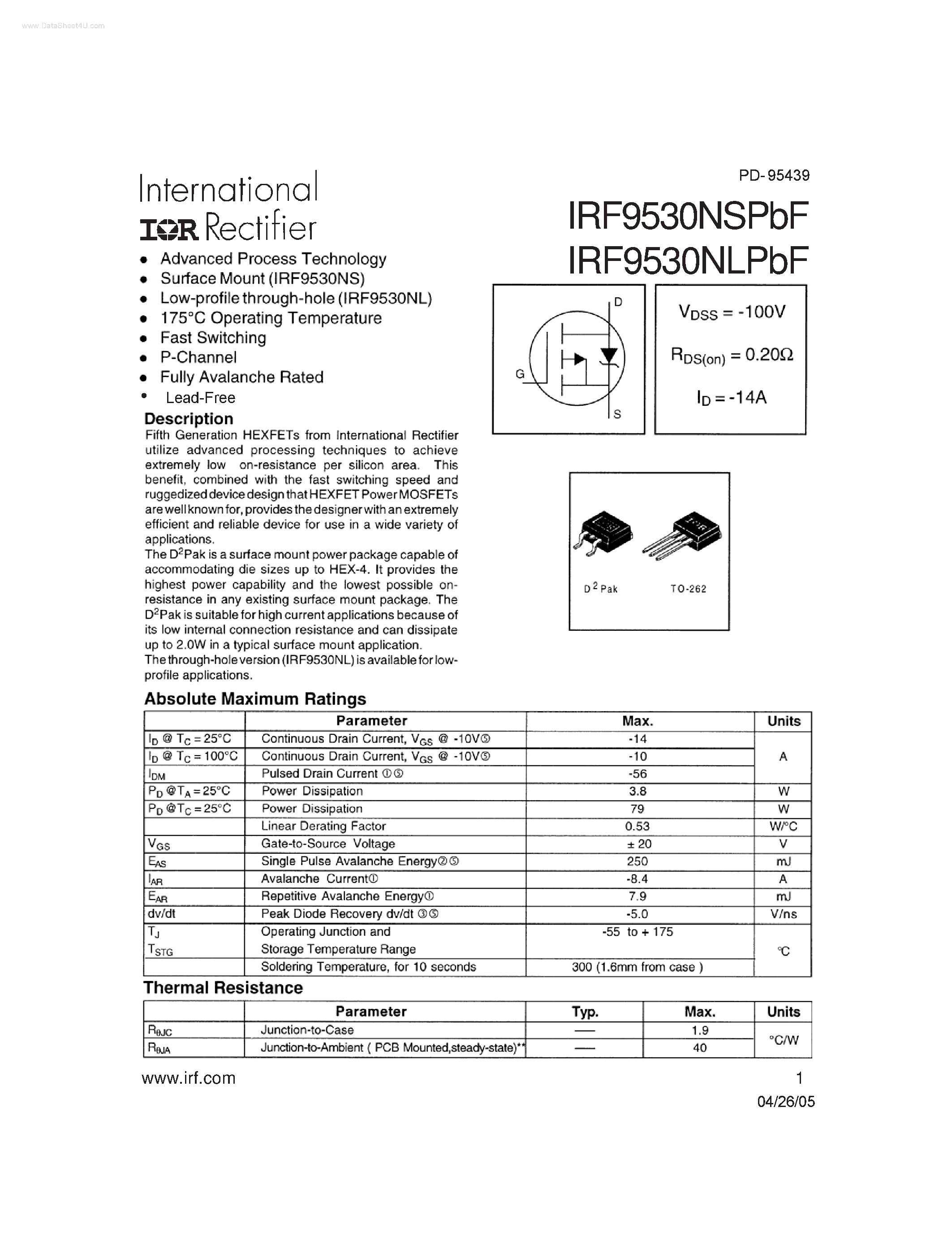 Datasheet IRF9530NSPBF - (IRF9530NLPBF / IRF9530NSPBF) Advanced Process Technology Surface Mount page 1