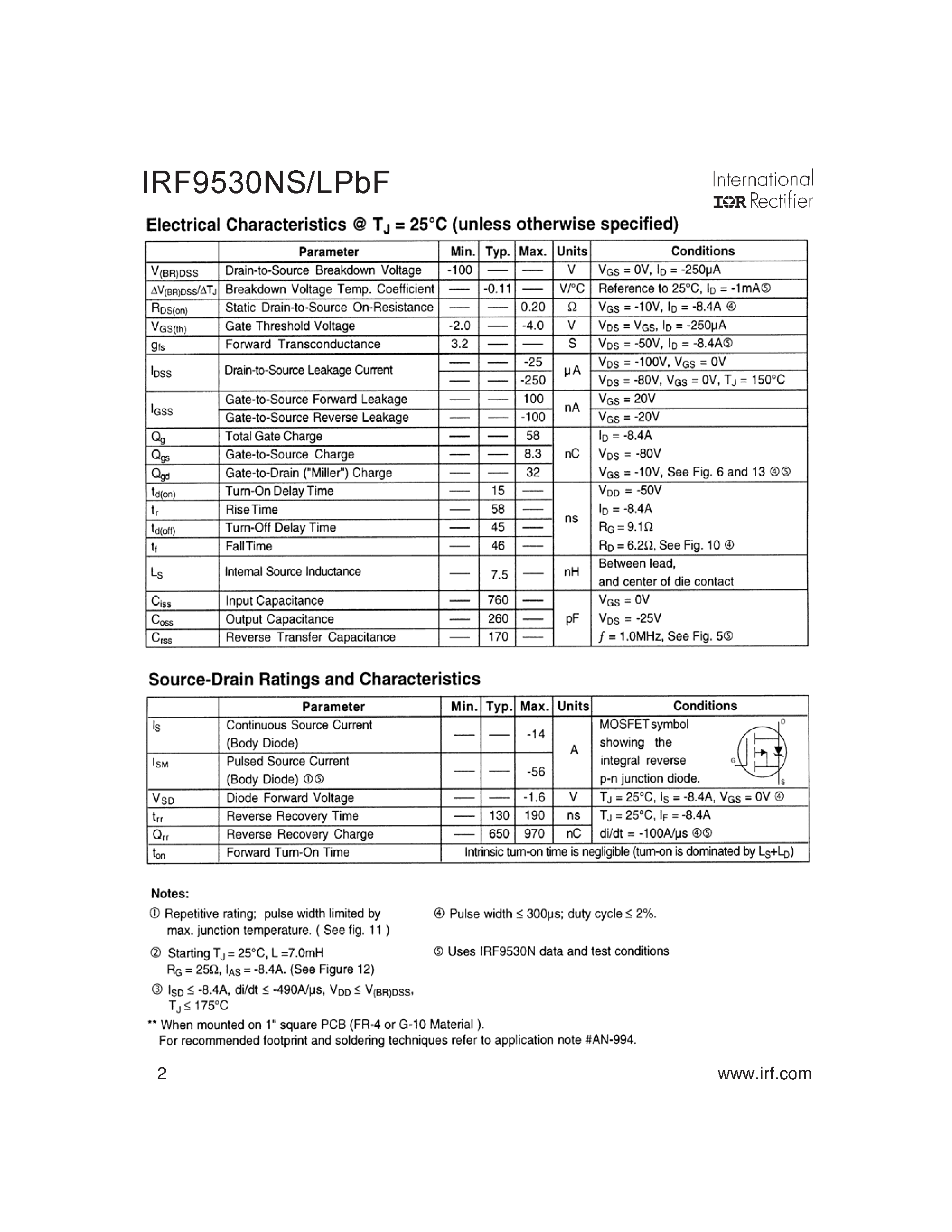 Datasheet IRF9530NSPBF - (IRF9530NLPBF / IRF9530NSPBF) Advanced Process Technology Surface Mount page 2