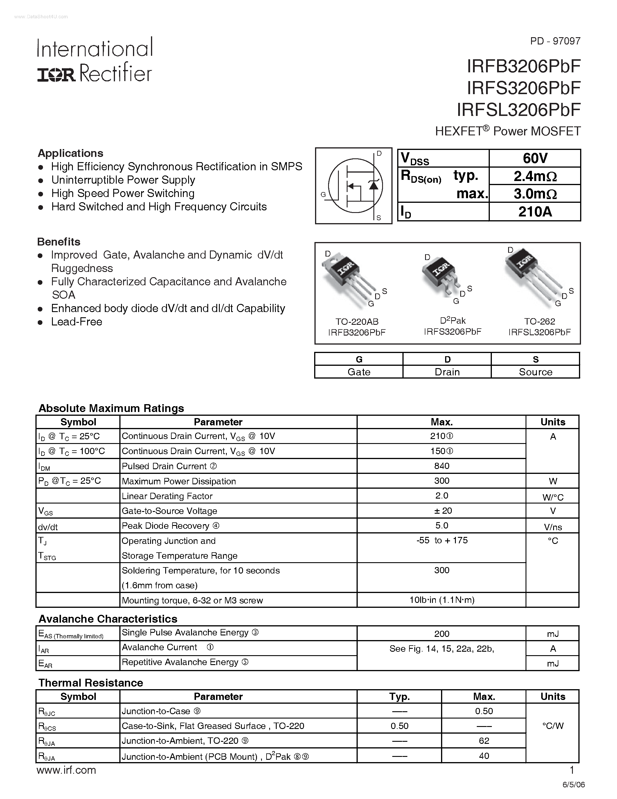 Datasheet IRFB3206PBF - (IRFxx3206PBF) HEXFET Power MOSFET page 1