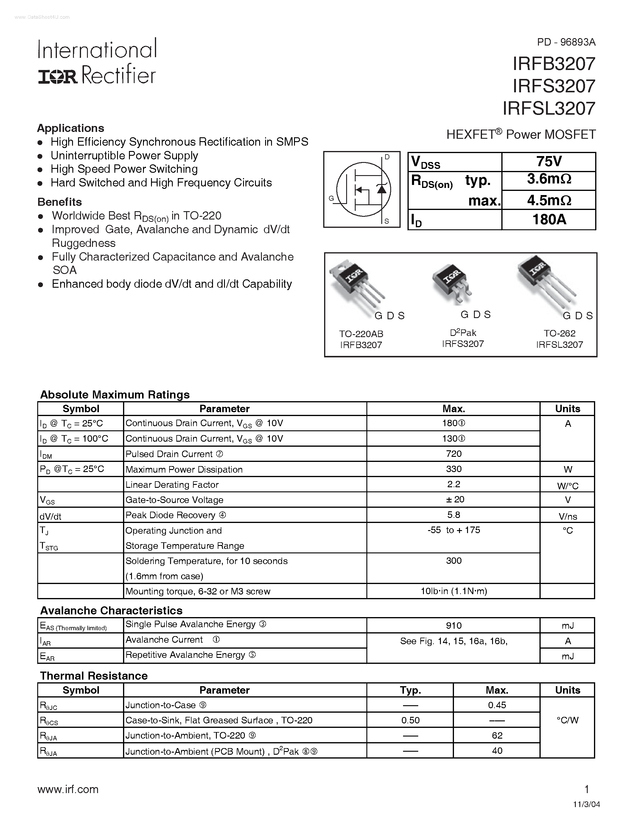Datasheet IRFB3207 - (IRFxx3207) HEXFET Power MOSFET page 1