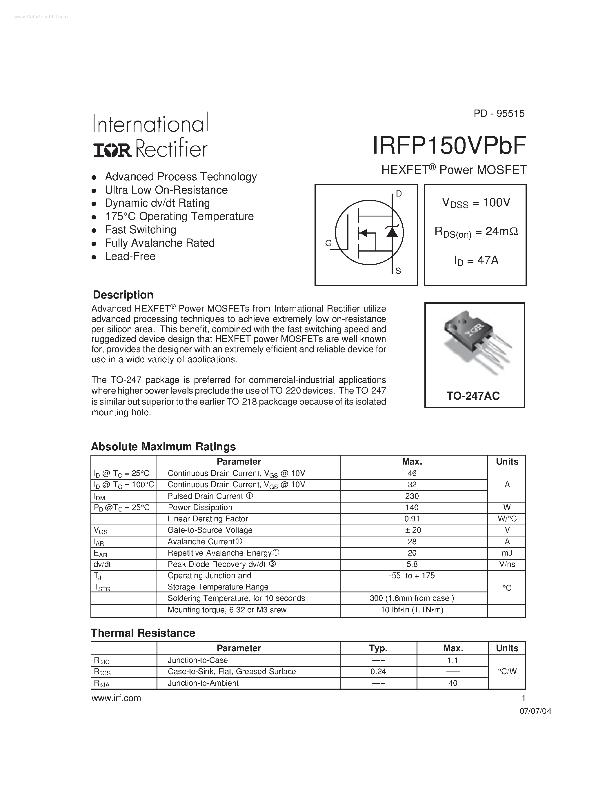Datasheet IRFP150VPBF - Power MOSFET page 1