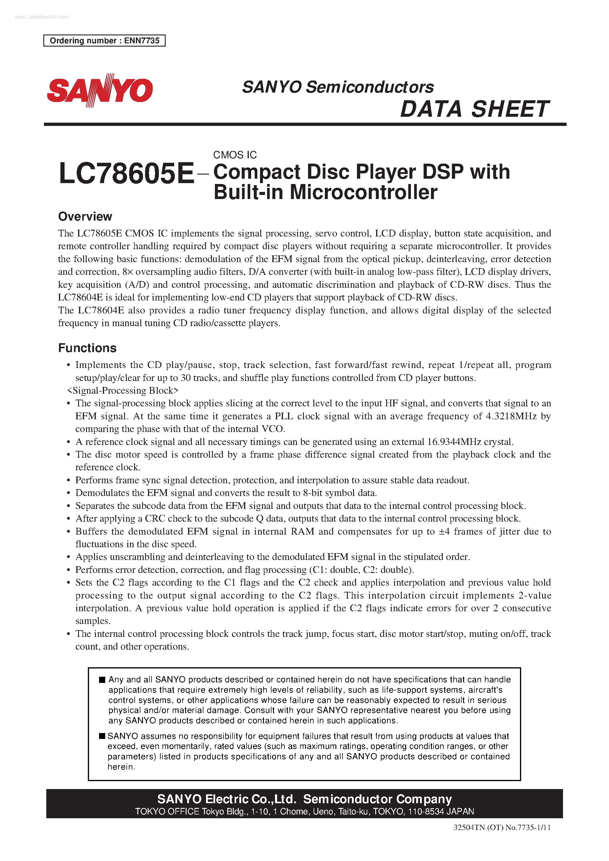 Datasheet LC78605E - Compact Disc Player DSP page 1