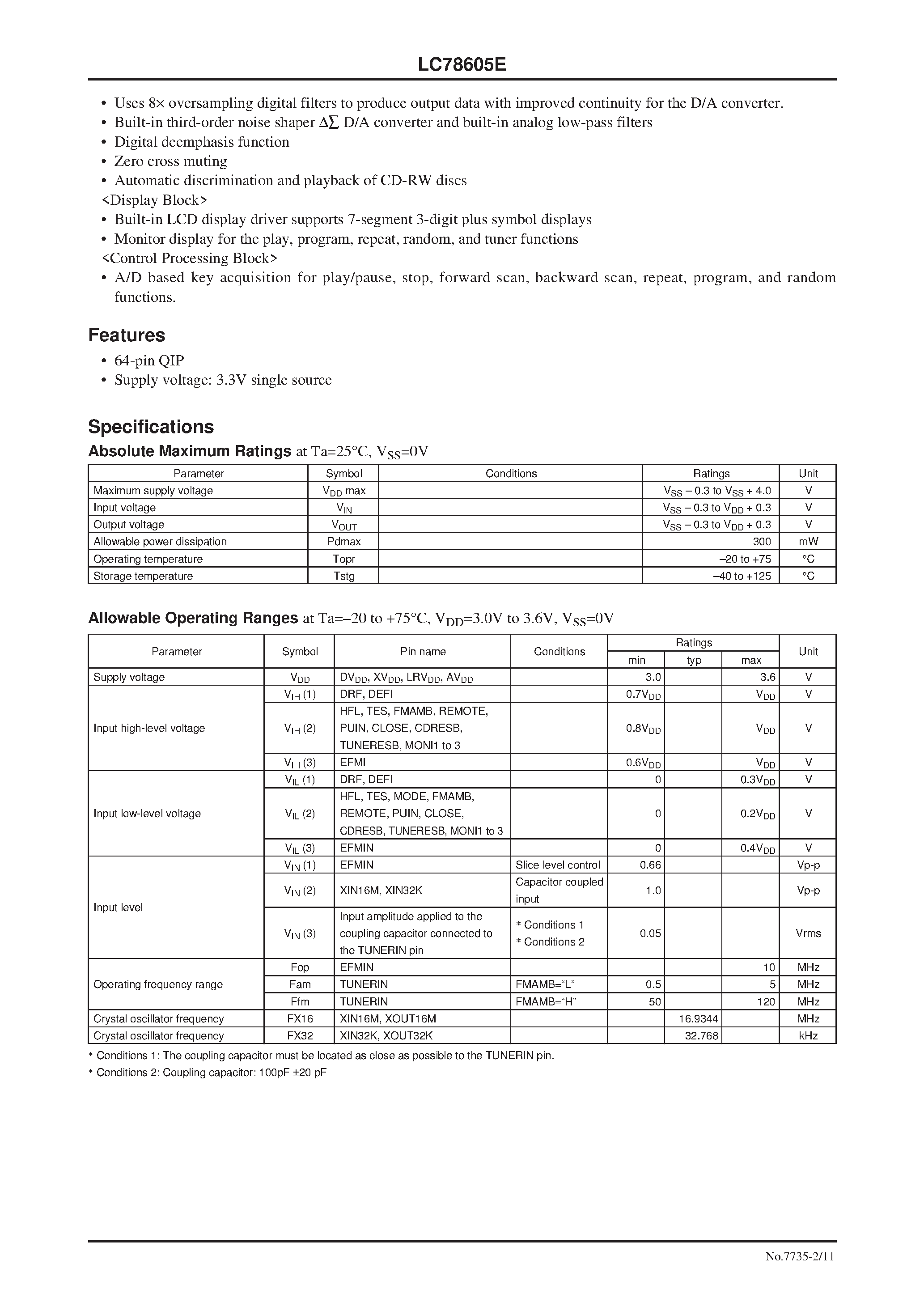 Datasheet LC78605E - Compact Disc Player DSP page 2