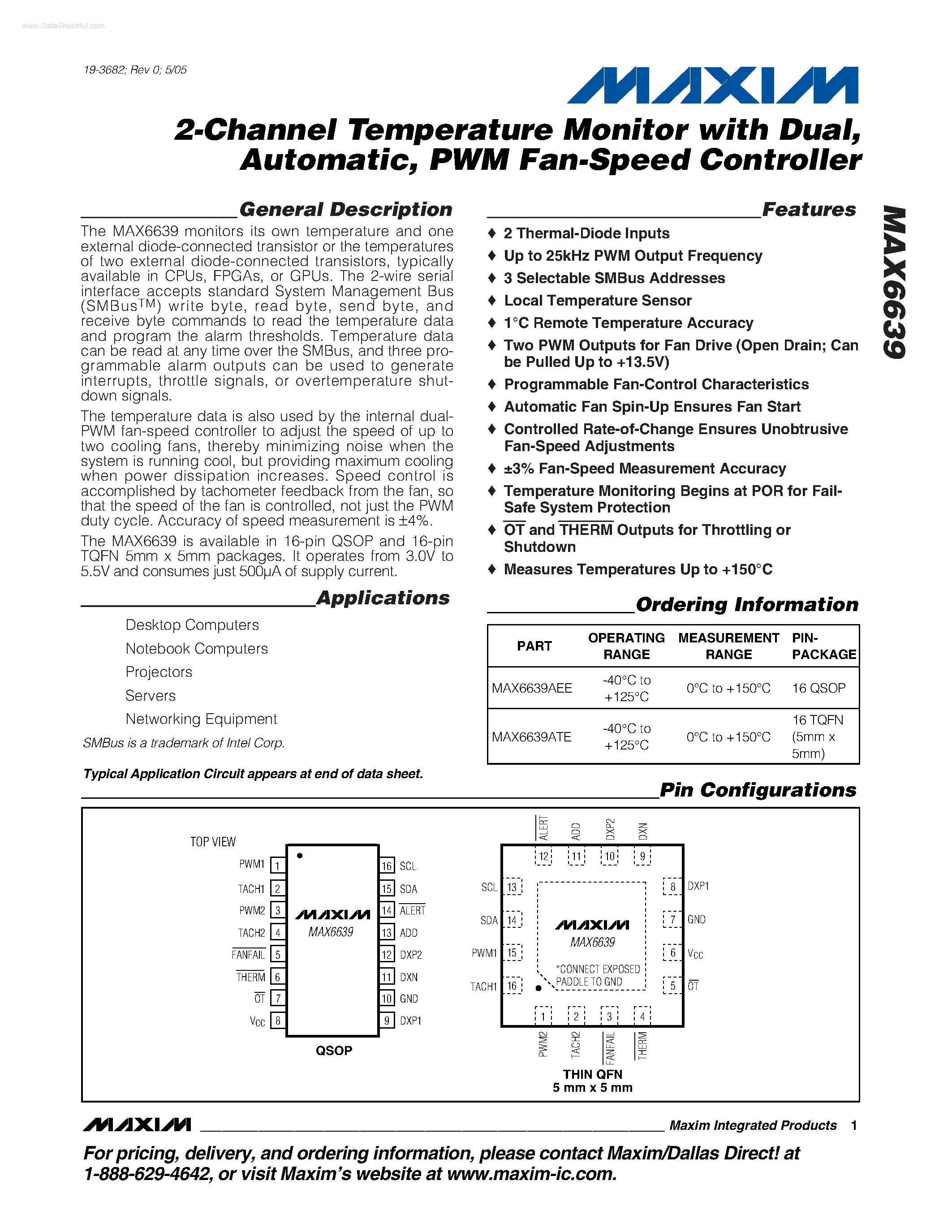 Datasheet MAX6639 - 2-Channel Temperature Monitor page 1
