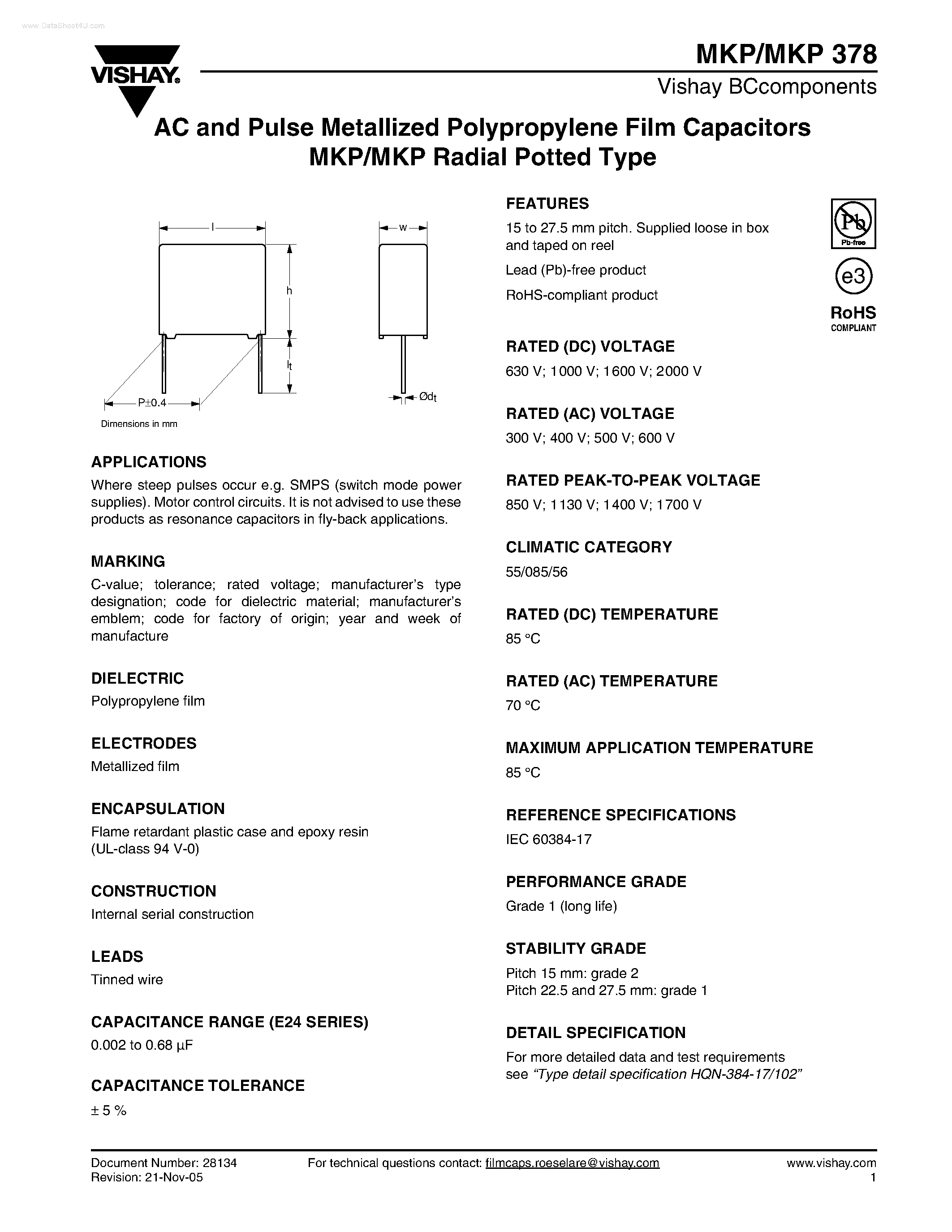Datasheet MKP378 - AC and Pulse Metallized Polypropylene Film Capacitors MKP/MKP Radial Potted Type page 1