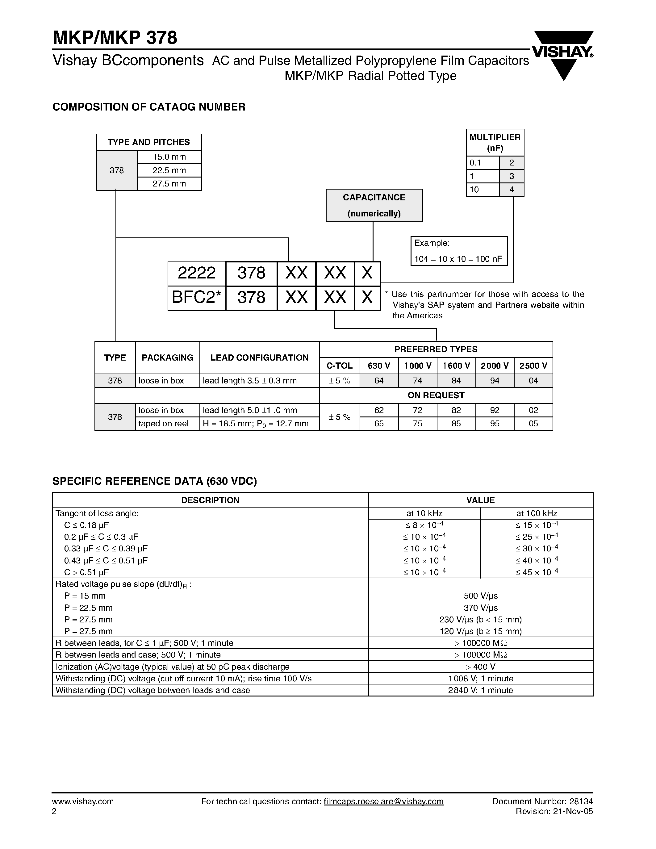 Datasheet MKP378 - AC and Pulse Metallized Polypropylene Film Capacitors MKP/MKP Radial Potted Type page 2