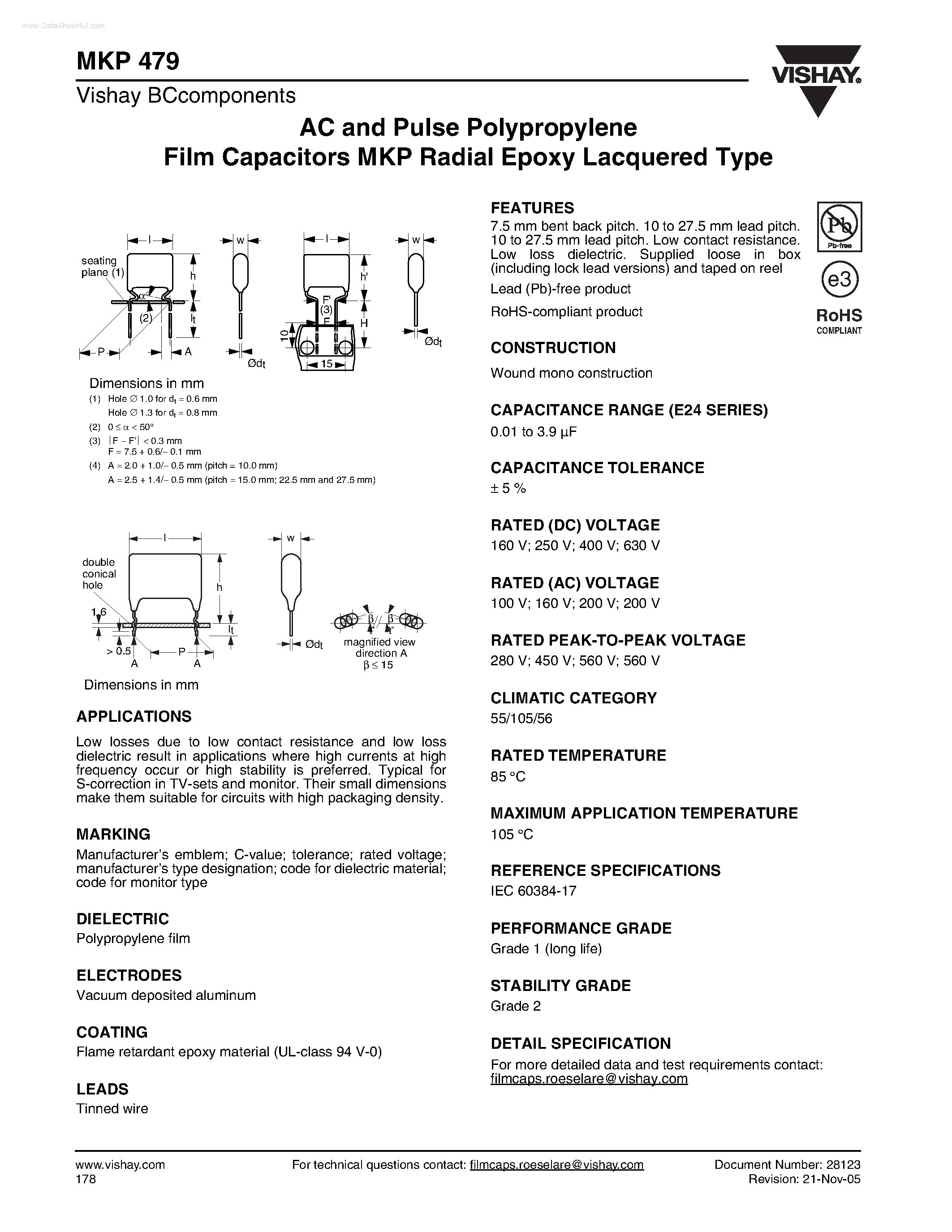Datasheet MKP479 - AC and Pulse Polypropylene Film Capacitors MKP Radial Epoxy Lacquered Type page 1