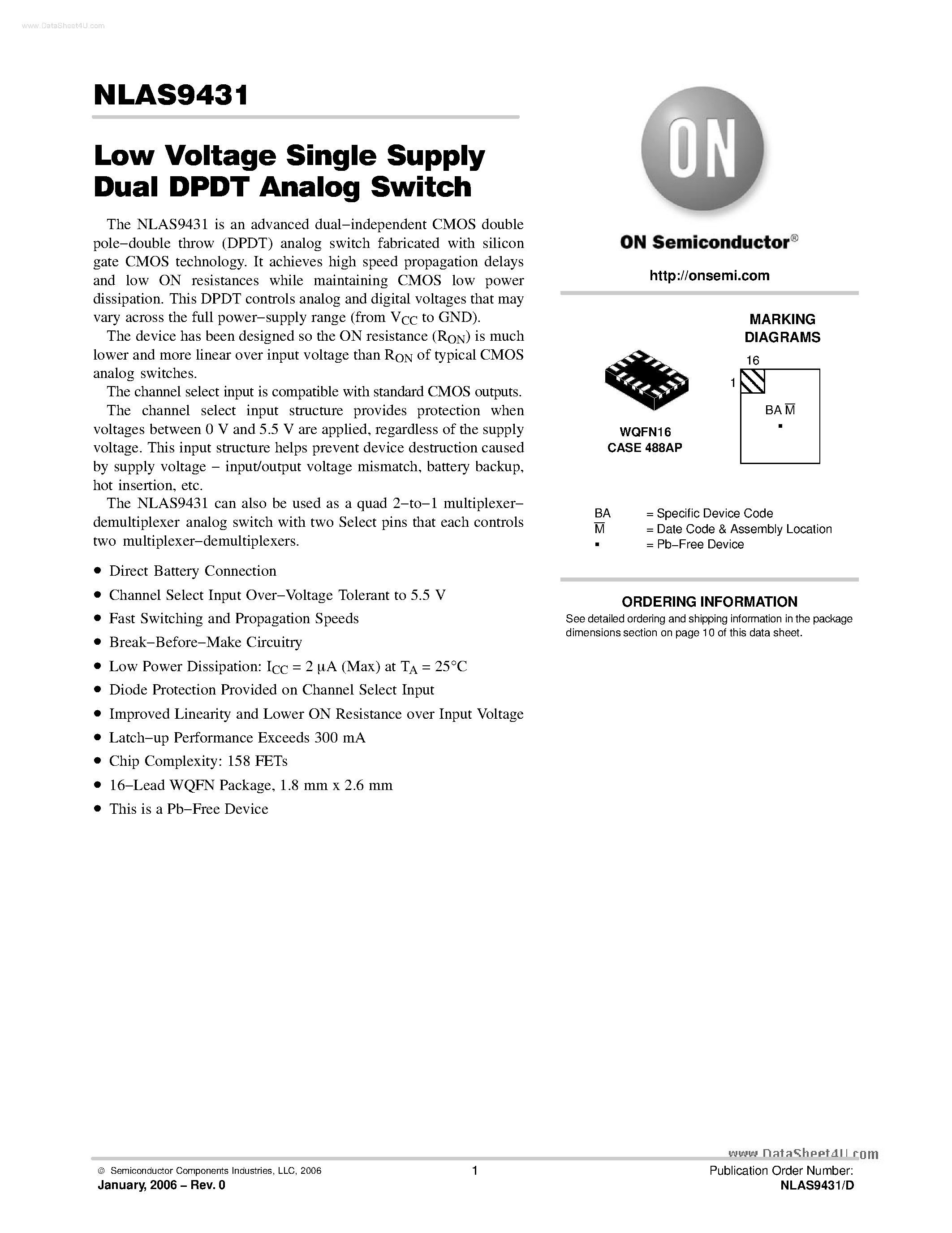 Datasheet NLAS9431 - Low Voltage Single Supply Dual DPDT Analog Switch page 1