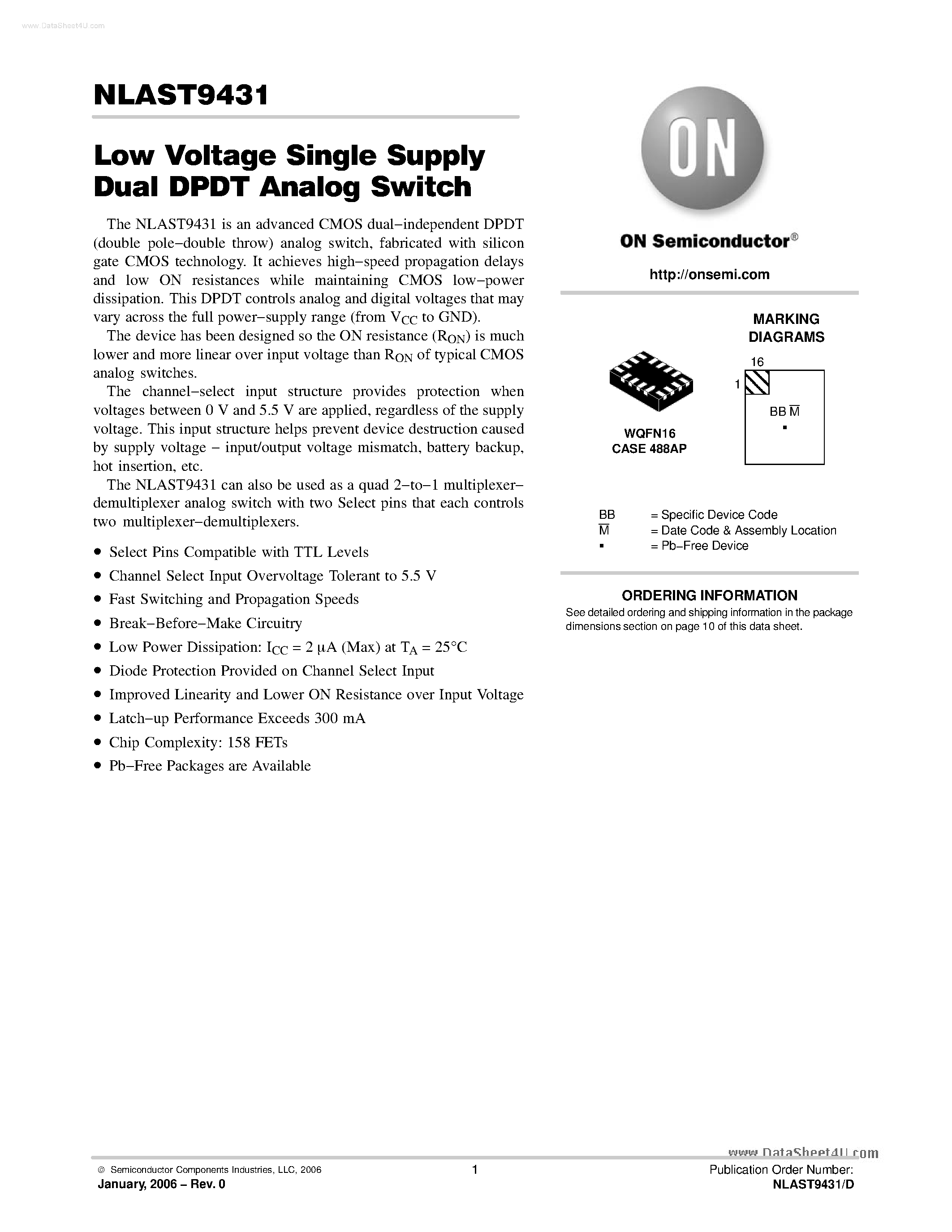 Datasheet NLAST9431 - Low Voltage Single Supply Dual DPDT Analog Switch page 1