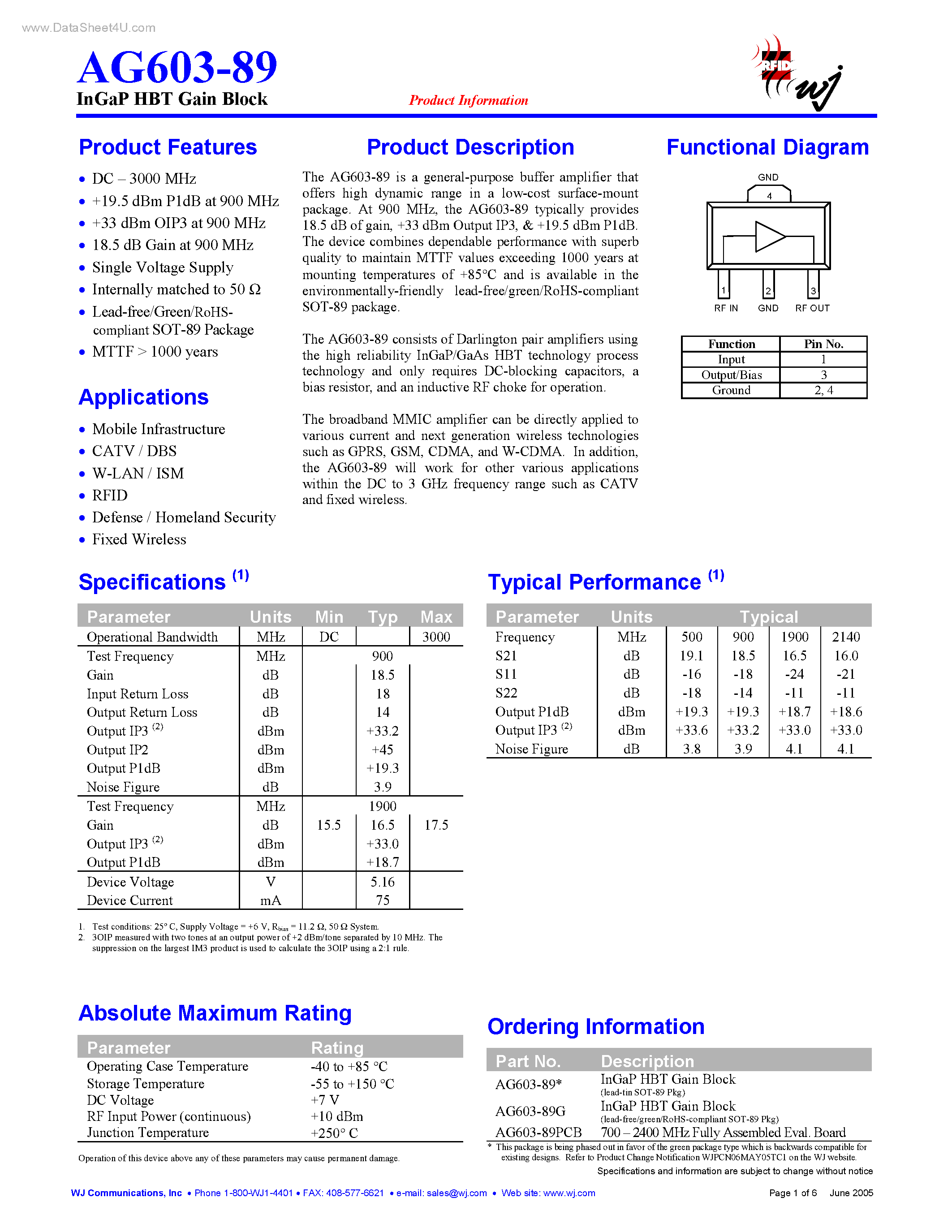 Datasheet AG603-89 page 1 Datasheet AG603-89 - InGaP HBT Gain Block page 1