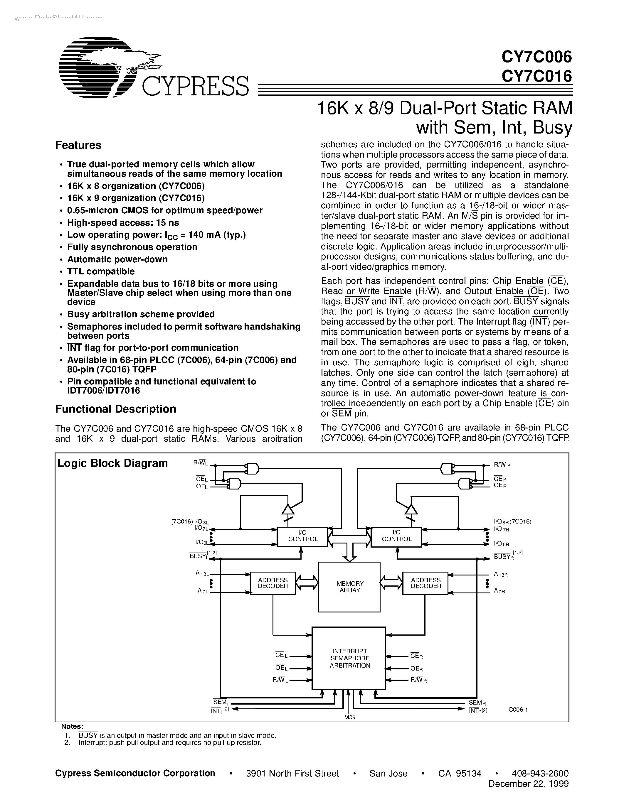 Даташит CY7C006 - (CY7C006 / CY7C016) 16K x 8/9 Dual-Port Static RAM страница 1