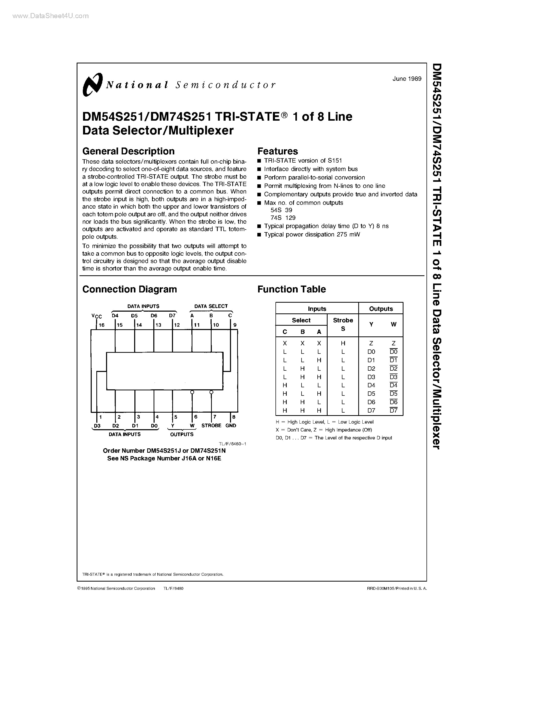 Даташит на микросхему DM54S251 страница 1 Даташит DM54S251 - TRI-STATE 1 of 8 Line Data Selector/Multiplexer страница 1