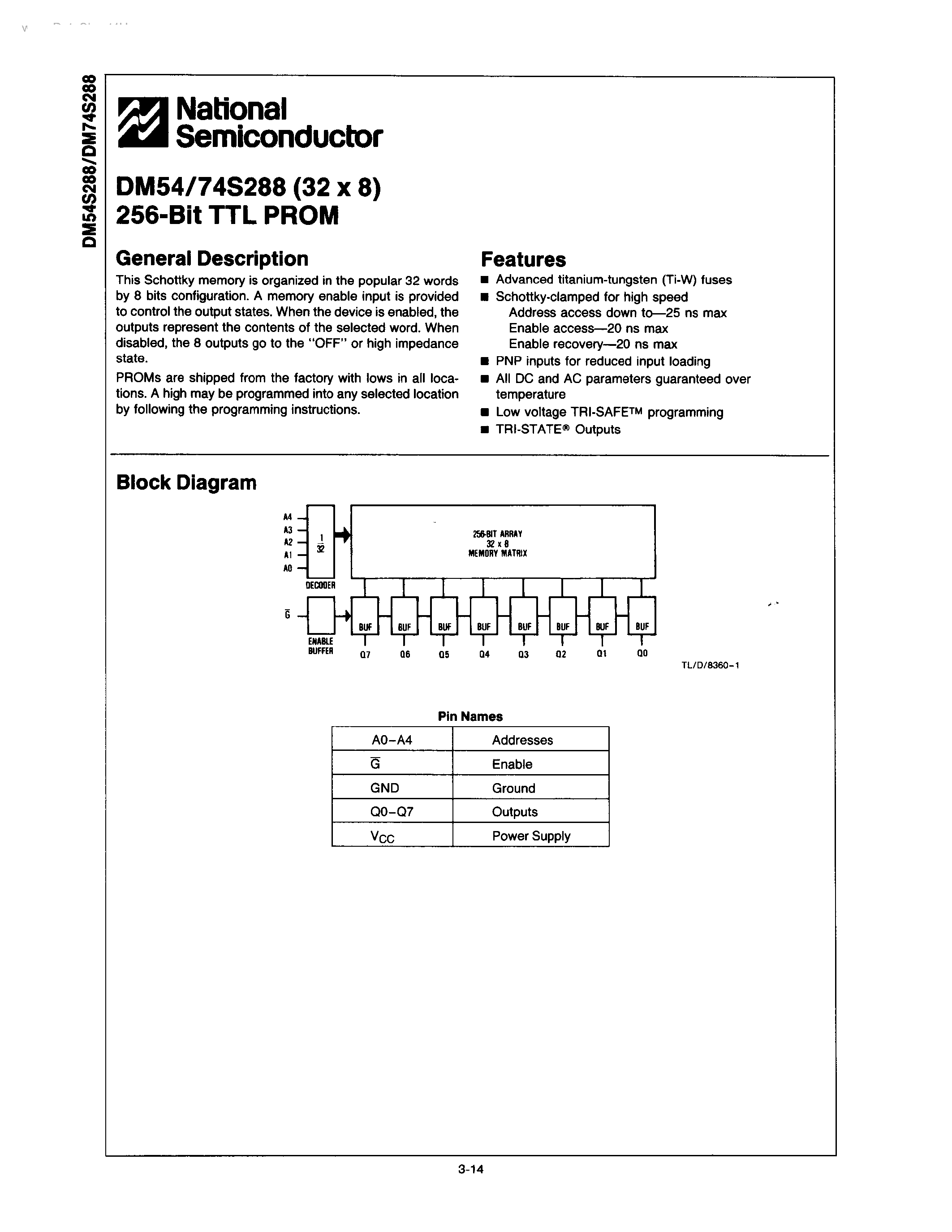 Datasheet DM54S288 page 1 Datasheet DM54S288 - 256 - BIT TTL PROM page 1