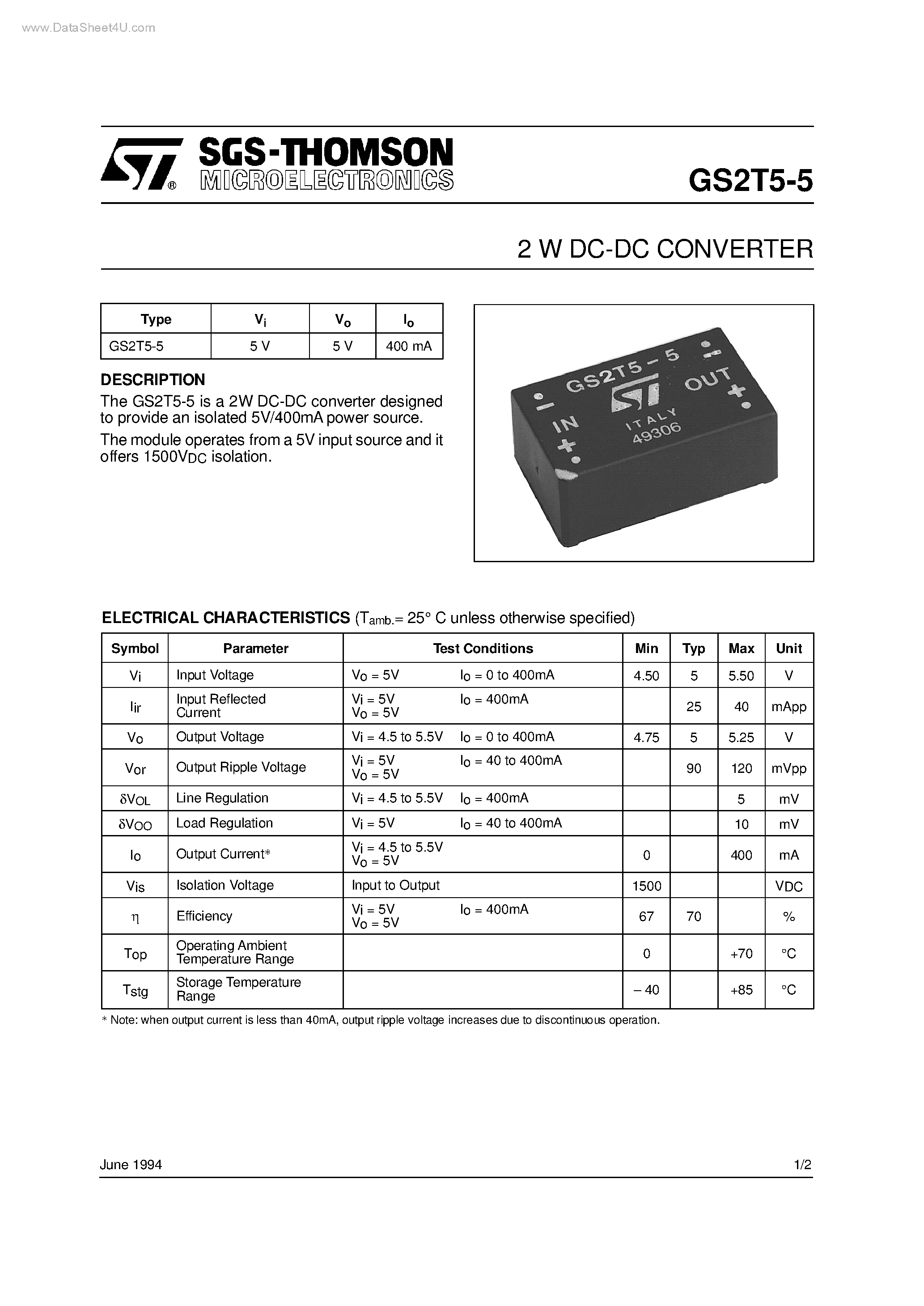 Datasheet GS2T5-5 - 2W DC-DC CONVERTER page 1