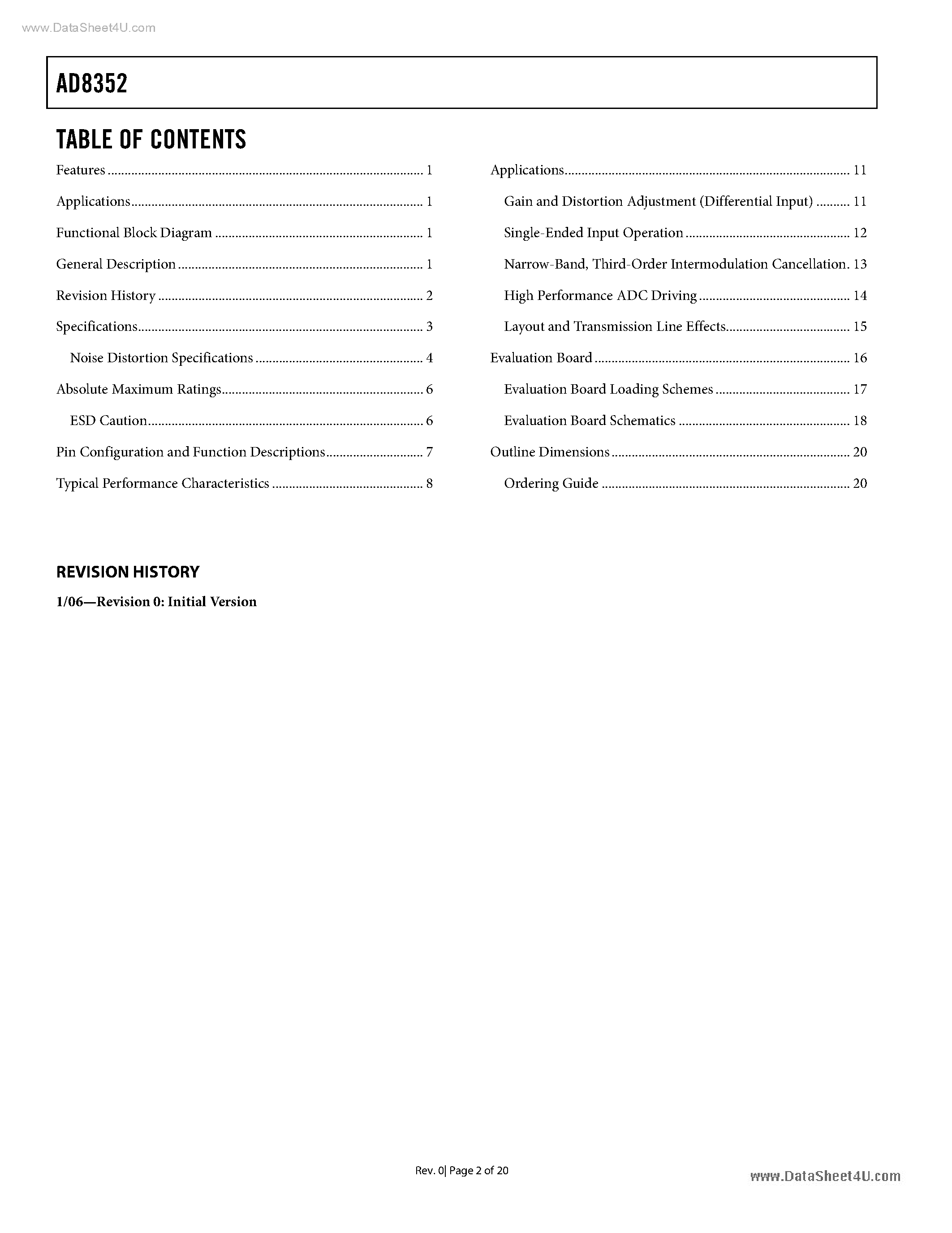 Datasheet AD8352 - 2 GHz Ultra Low Distortion Differential RF/IF Amplifier page 2