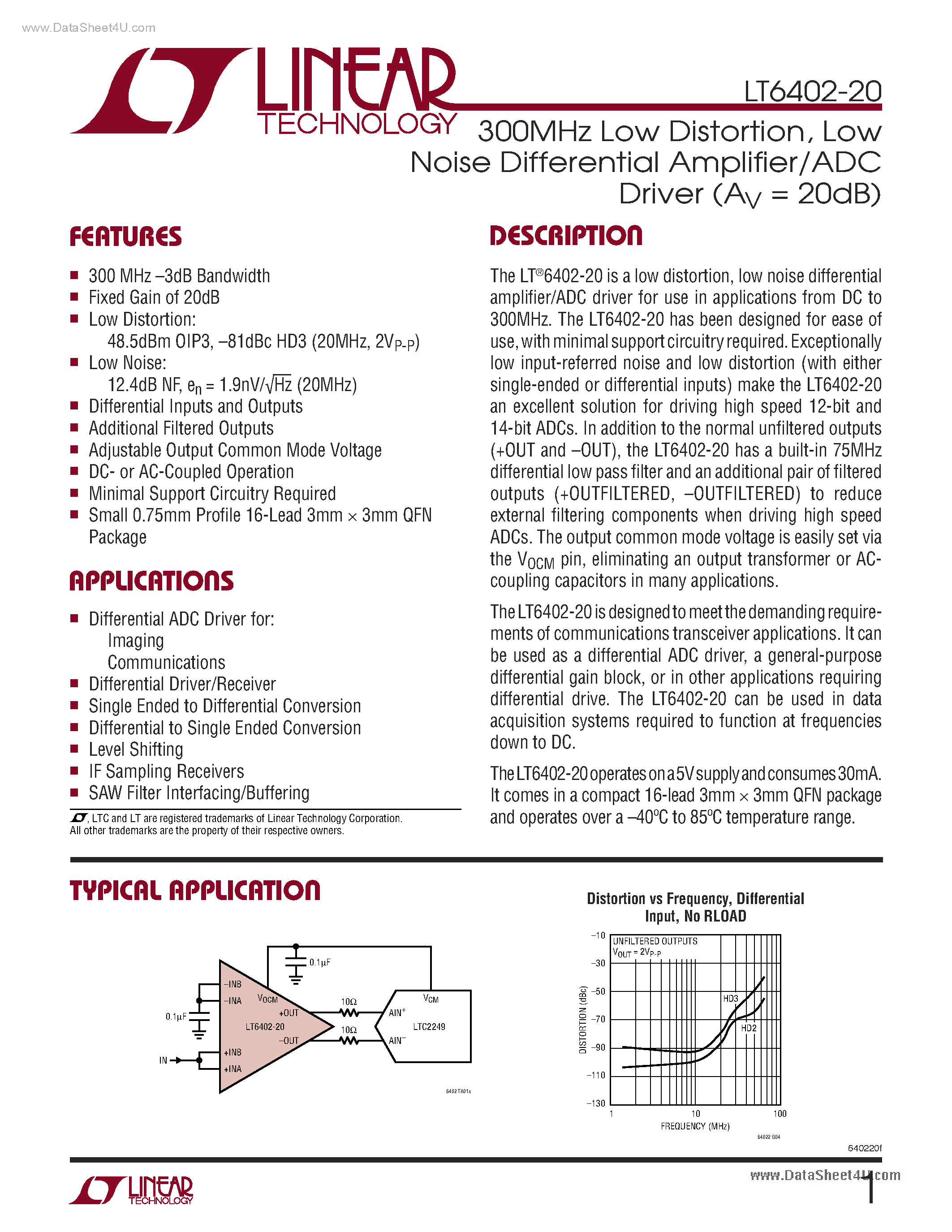 Datasheet LT6402-20 - Low Noise Differential Amplifier/ADC Driver page 1
