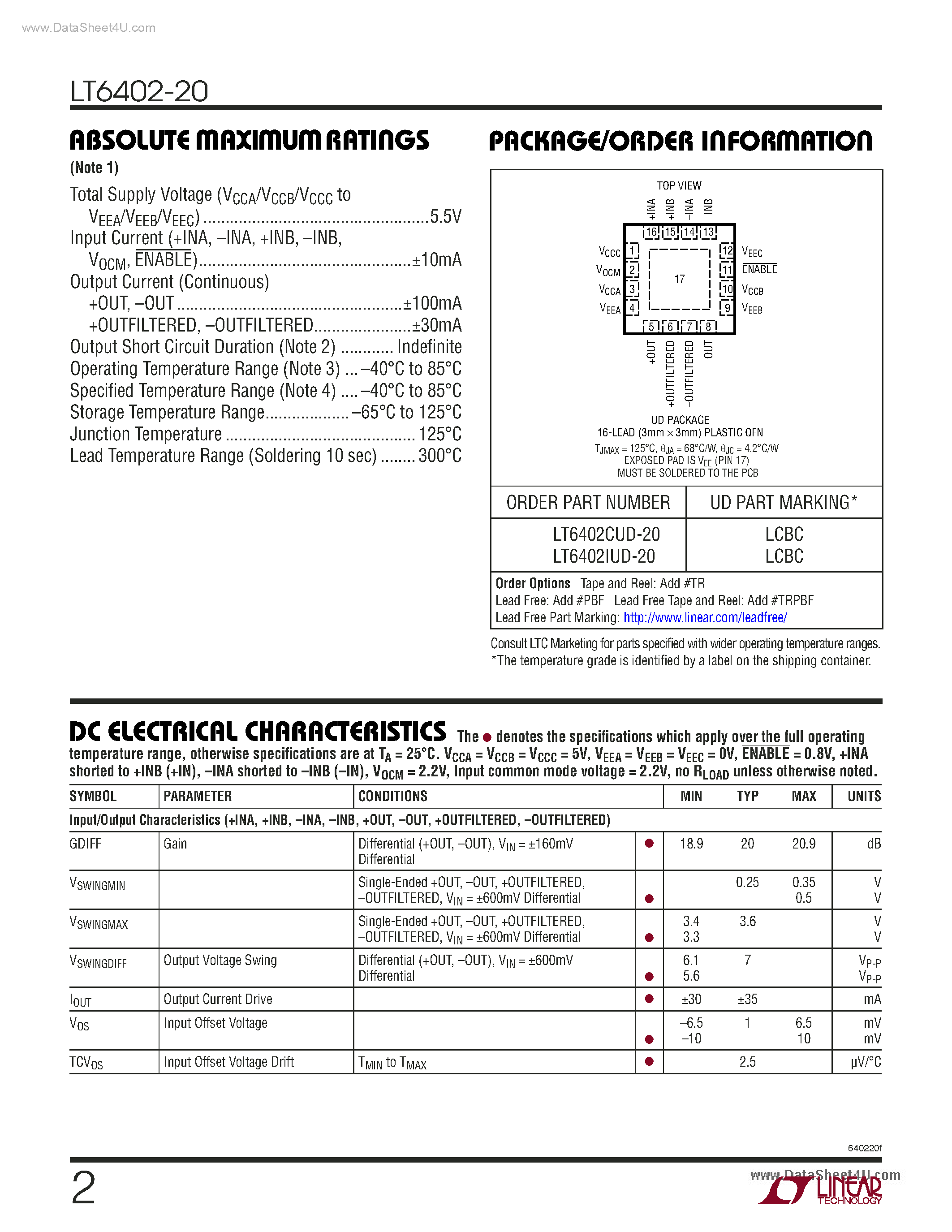Datasheet LT6402-20 - Low Noise Differential Amplifier/ADC Driver page 2