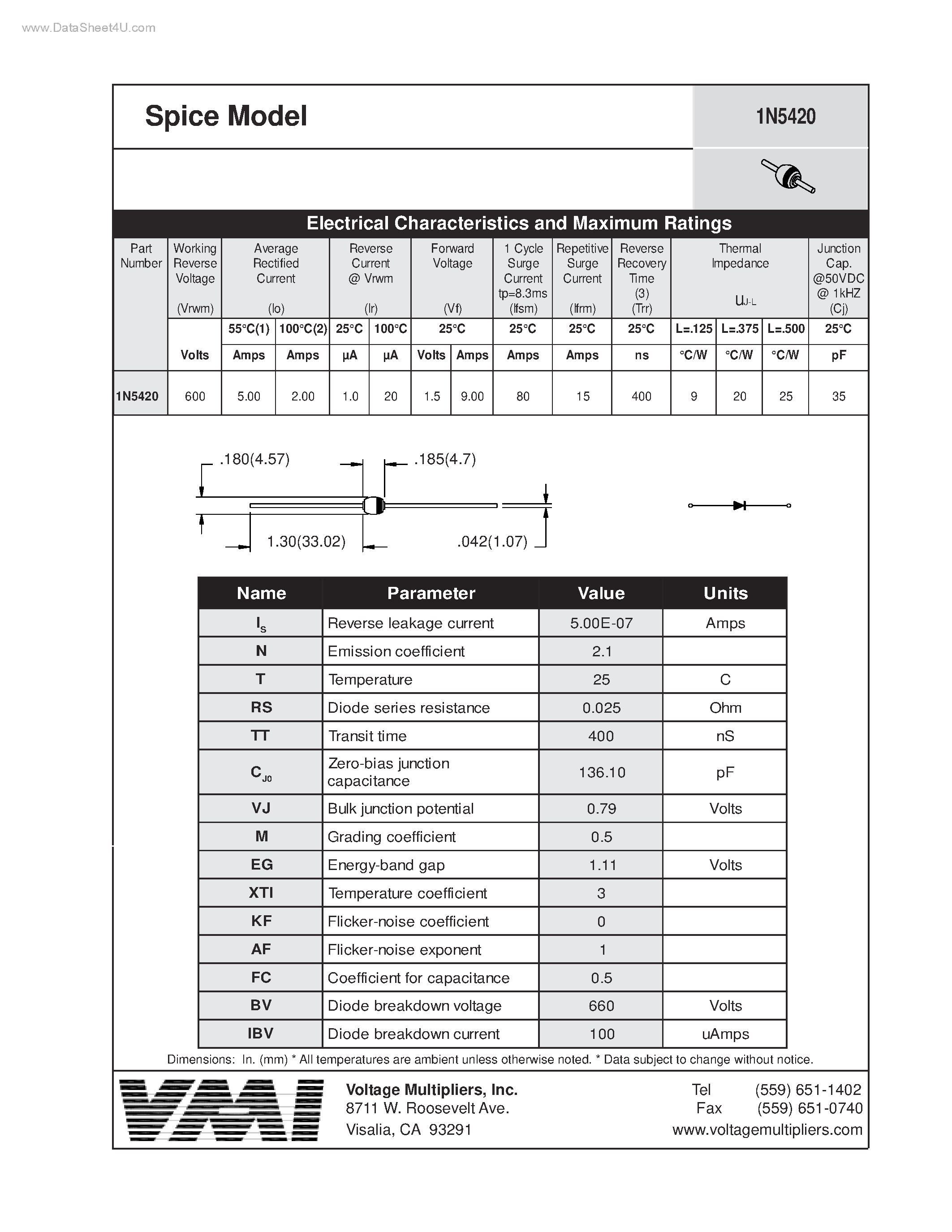 Datasheet 1N5420 page 1 Datasheet 1N5420 - Spice Model page 1