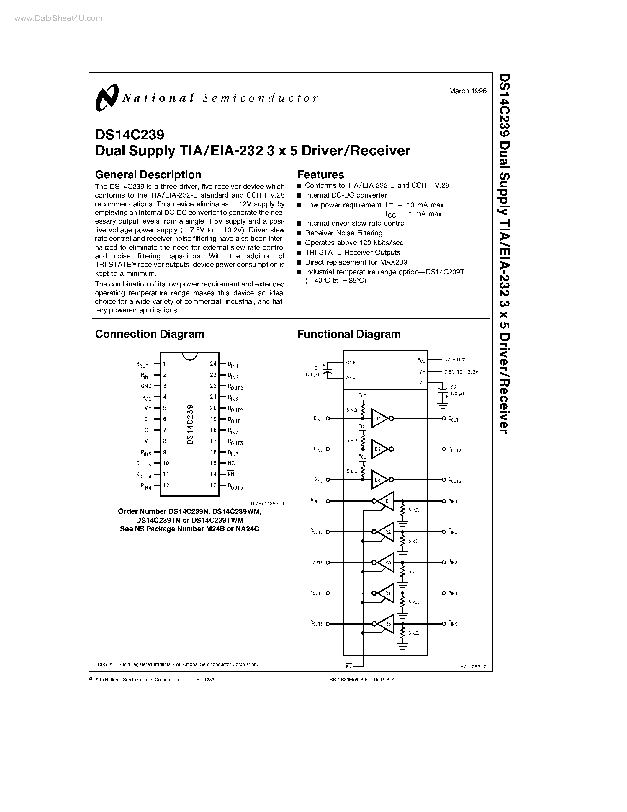 Datasheet DS14C239 page 1 Datasheet DS14C239 - Dual Supply TIA/EIA-232 3 x 5 Driver/Receiver page 1