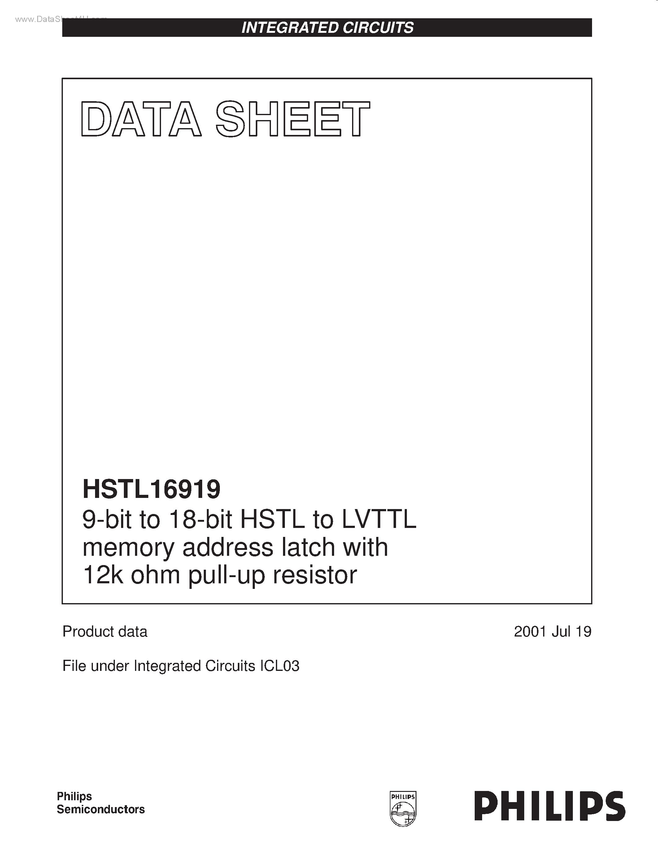 Datasheet HSTL16919 page 1 Datasheet HSTL16919 - HSTL-to-LVTTL memory address latch page 1