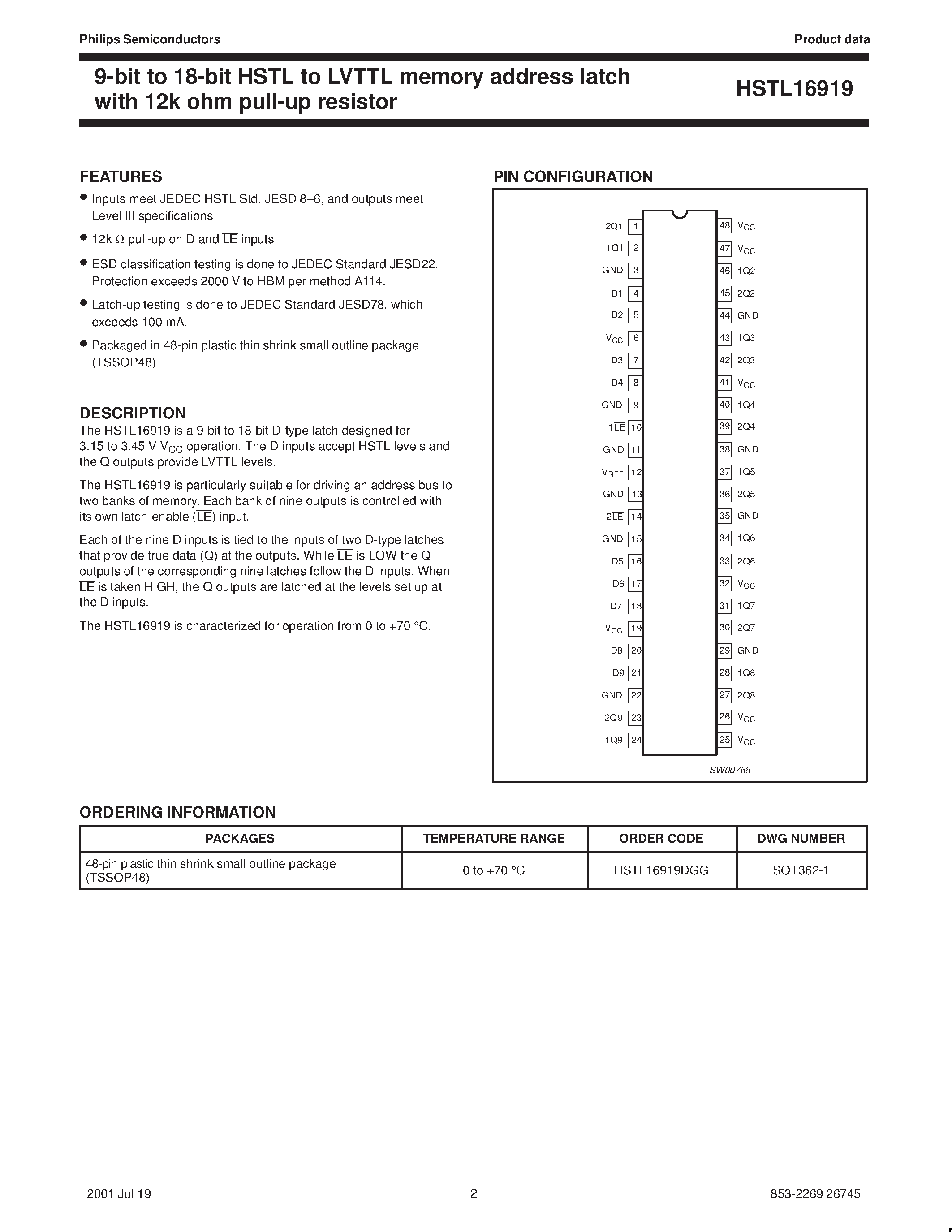 Datasheet HSTL16919 page 2 Datasheet HSTL16919 - HSTL-to-LVTTL memory address latch page 2