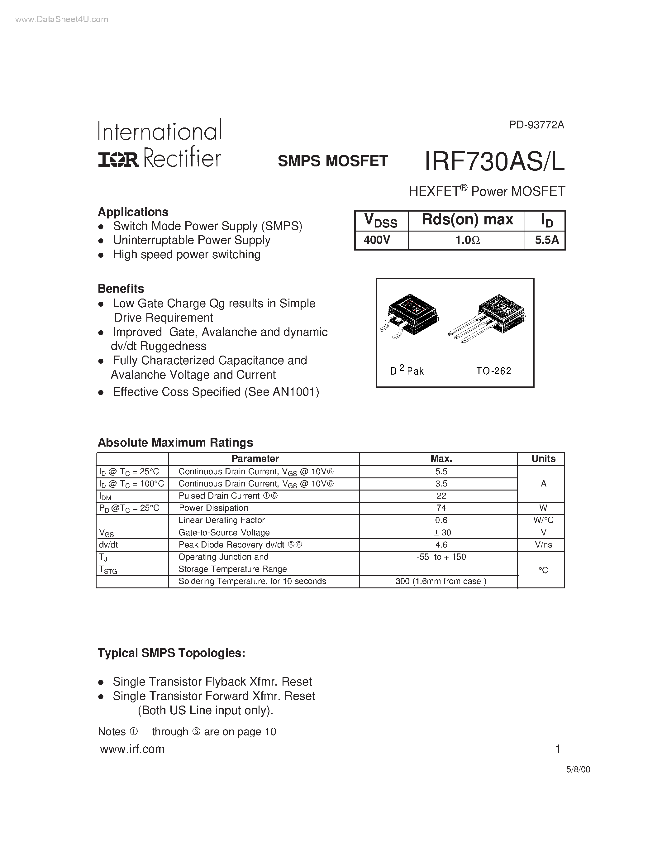 Datasheet IRF730AS - SMPS MOSFET page 1