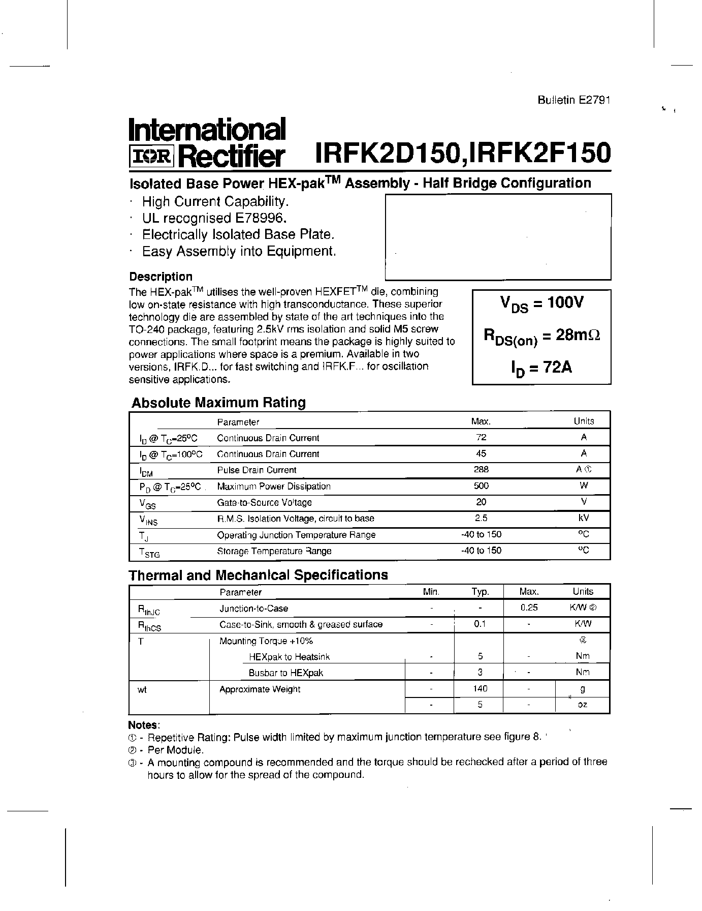 Datasheet IRFK2D150 - (IRFK2D150 / IRFK2F150) ISOLATED BASE POWER HEX PAK ASSEMBLY HALF BRIDGE CONFIGURATION page 1