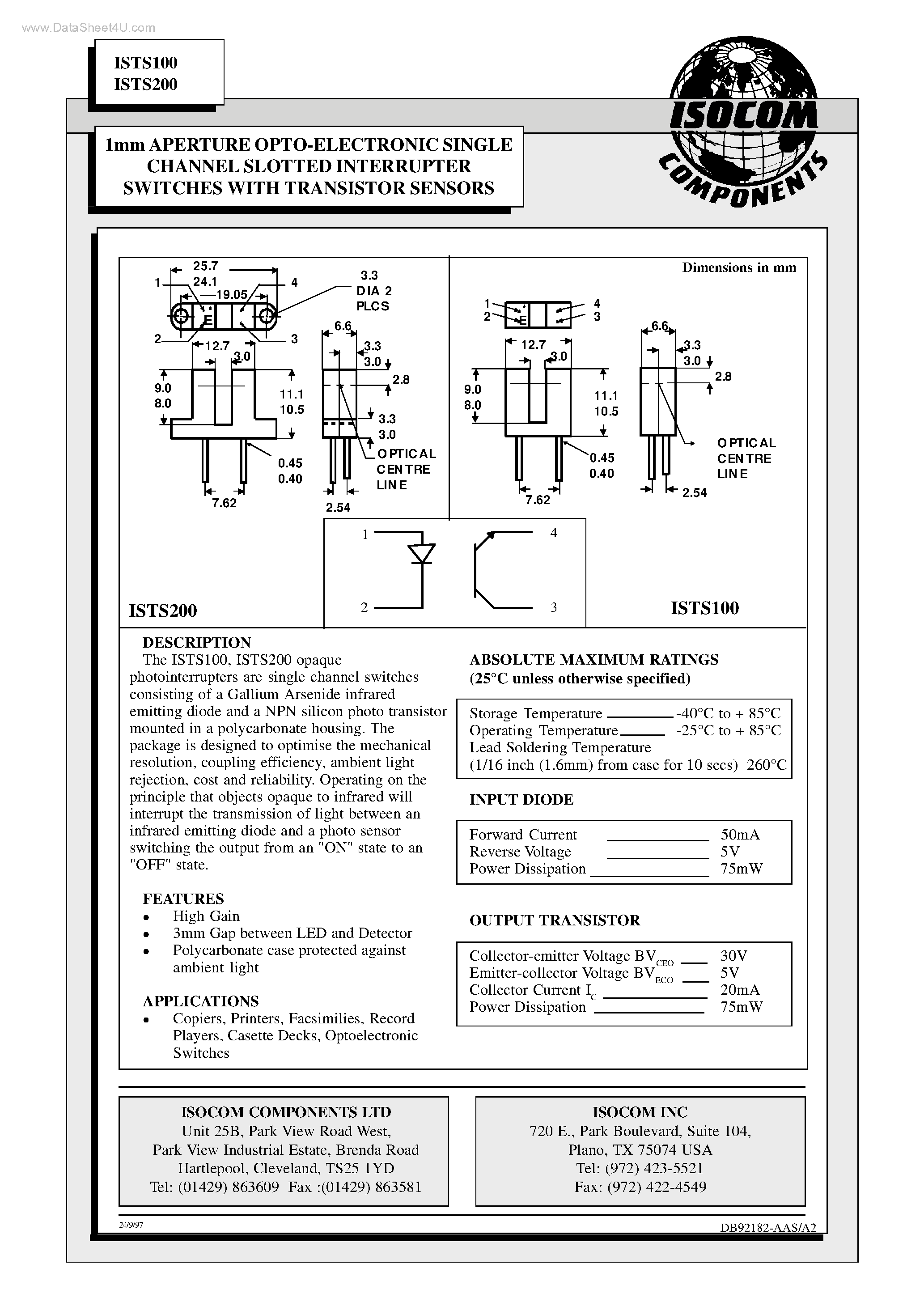 Datasheet ISTS100 page 1 Datasheet ISTS100 - (ISTS100 / ISTS200) 1mm APERTURE OPTO-ELECTRONIC SINGLE CHANNEL SLOTTED INTERRUPTER SWITCHES page 1