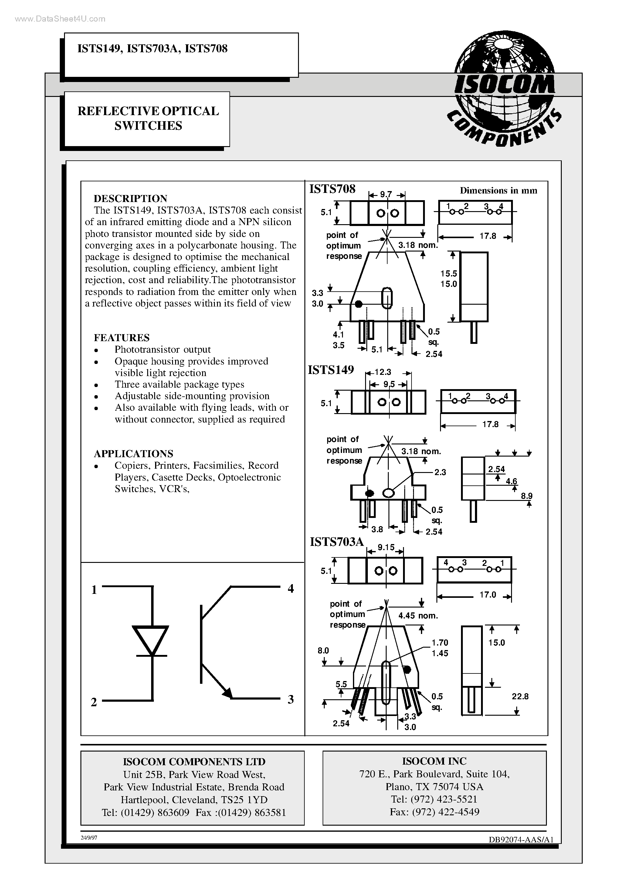 Datasheet ISTS149 - (ISTS149 / ISTS70x) REFLECTIVE OPTICAL SWITCHES page 1