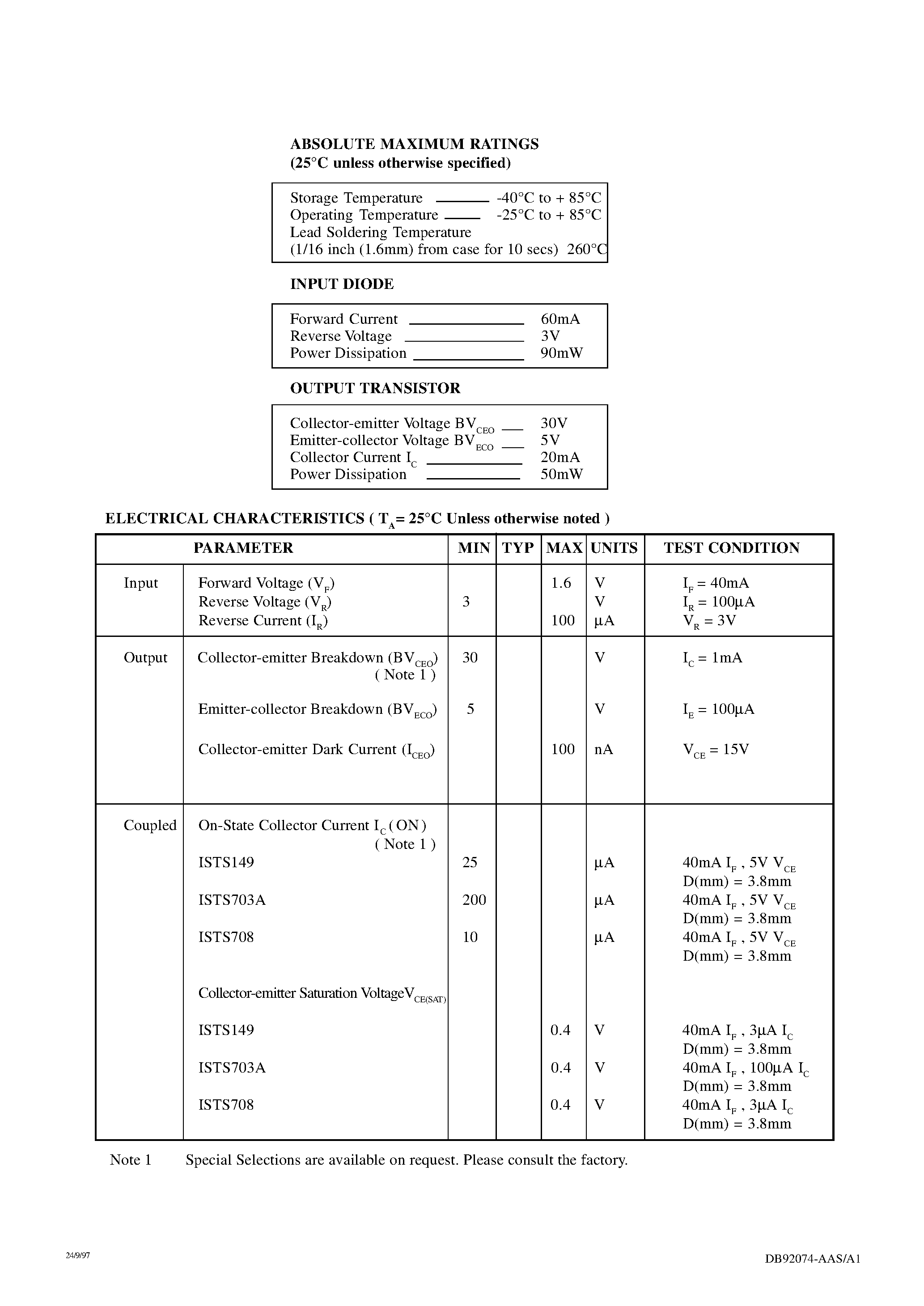 Datasheet ISTS149 - (ISTS149 / ISTS70x) REFLECTIVE OPTICAL SWITCHES page 2