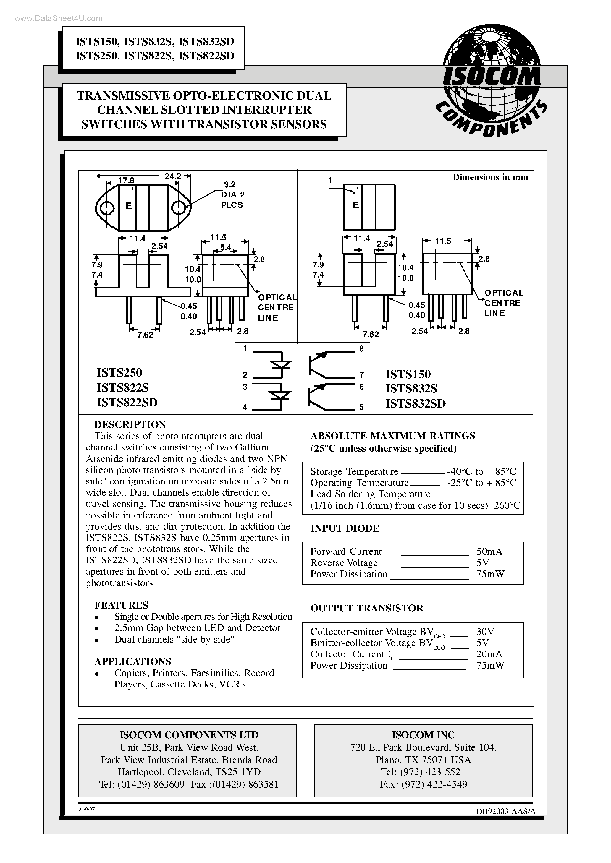 Datasheet ISTS150 - (ISTSx50 / ISTS8xx) TRANSMISSIVE OPTO-ELECTRONIC DUAL CHANNEL SLOTTED INTERRUPTER SWITCHES page 1