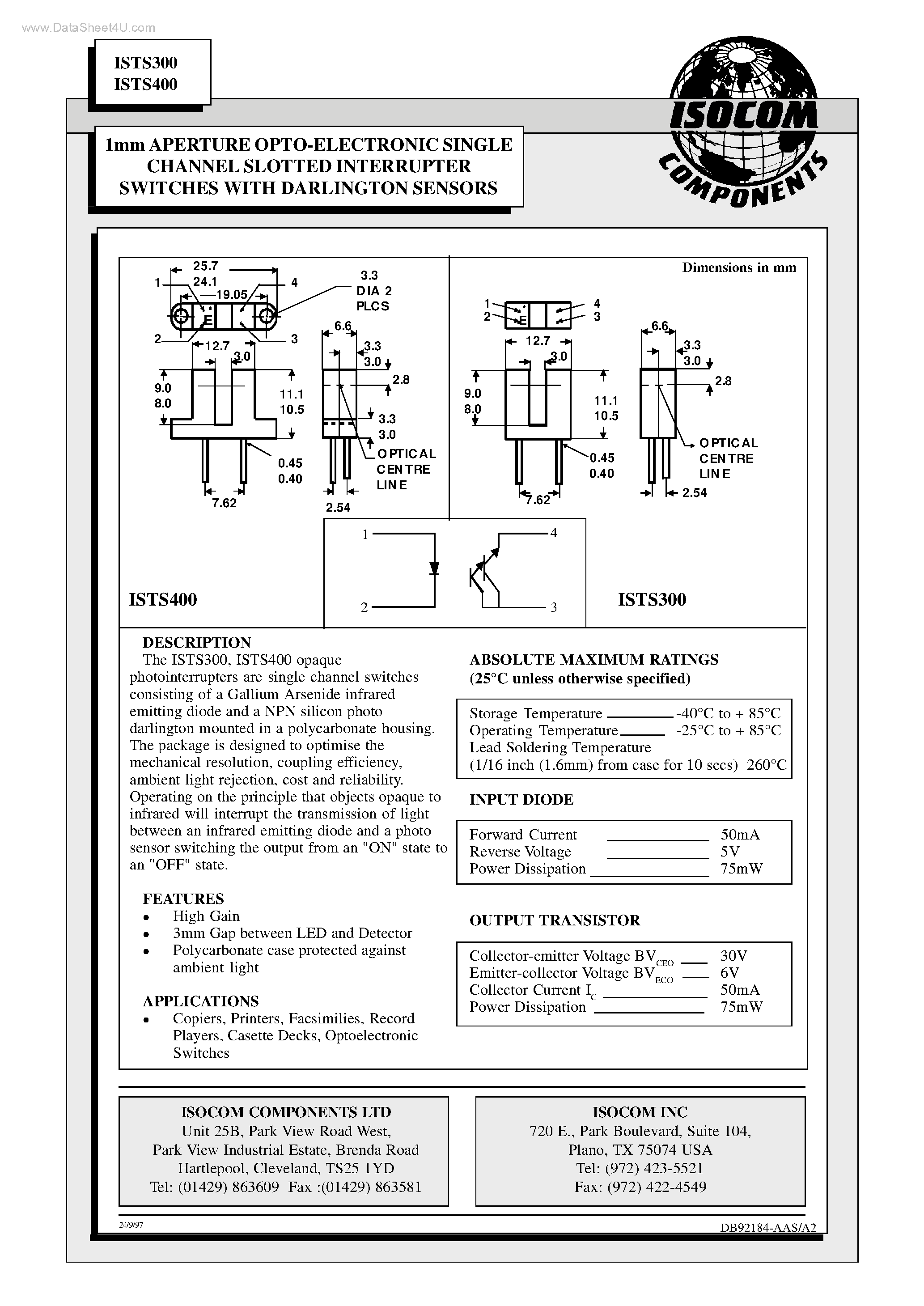 Datasheet ISTS300 - (ISTS300 / ISTS400) 1mm APERTURE OPTO-ELECTRONIC SINGLE CHANNEL SLOTTED INTERRUPTER SWITCHES page 1