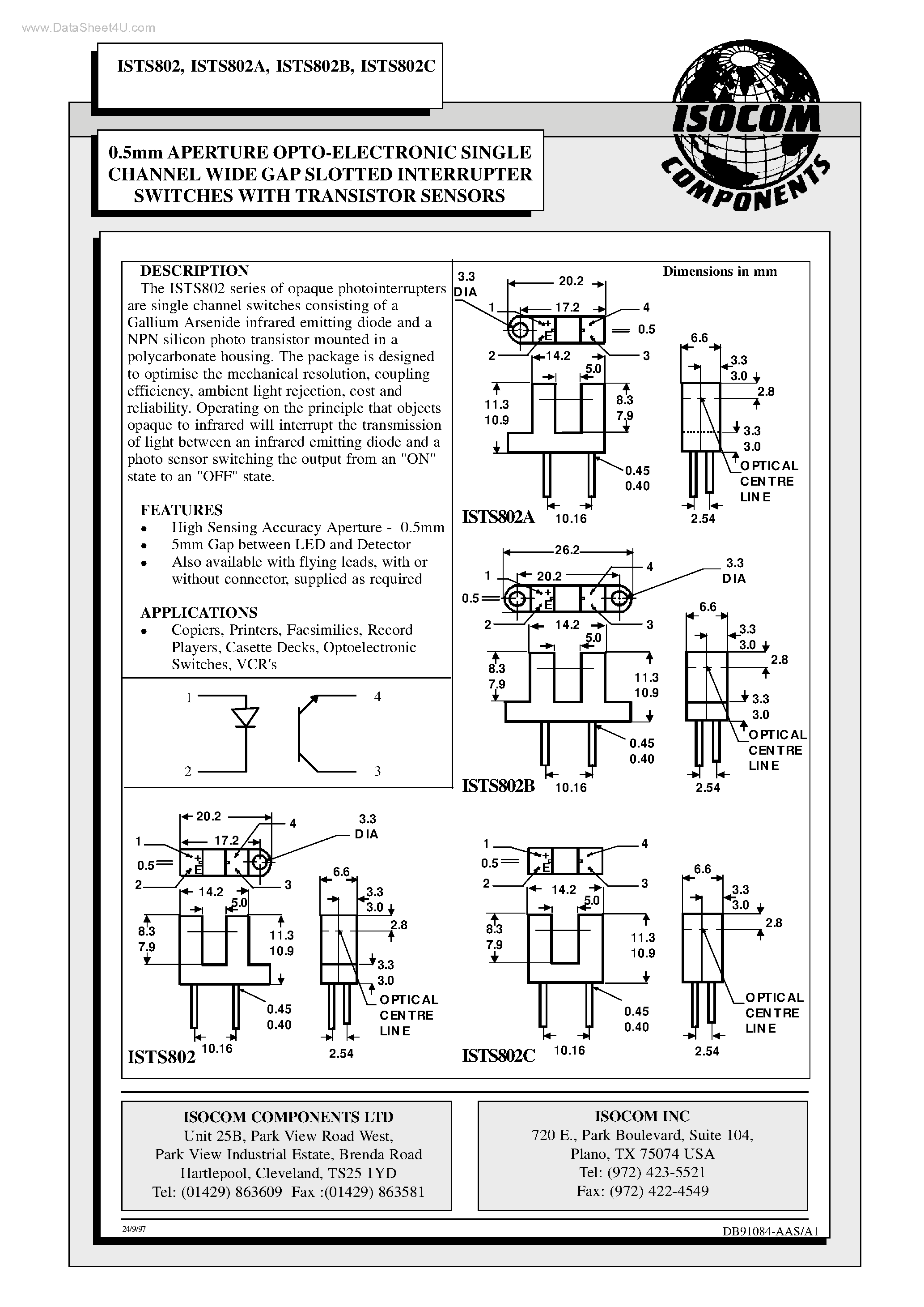 Datasheet ISTS802A - (ISTS802x) 0.5mm APERTURE OPTO-ELECTRONIC SINGLE CHANNEL WIDE GAP SLOTTED INTERRUPTER SWITCHES page 1