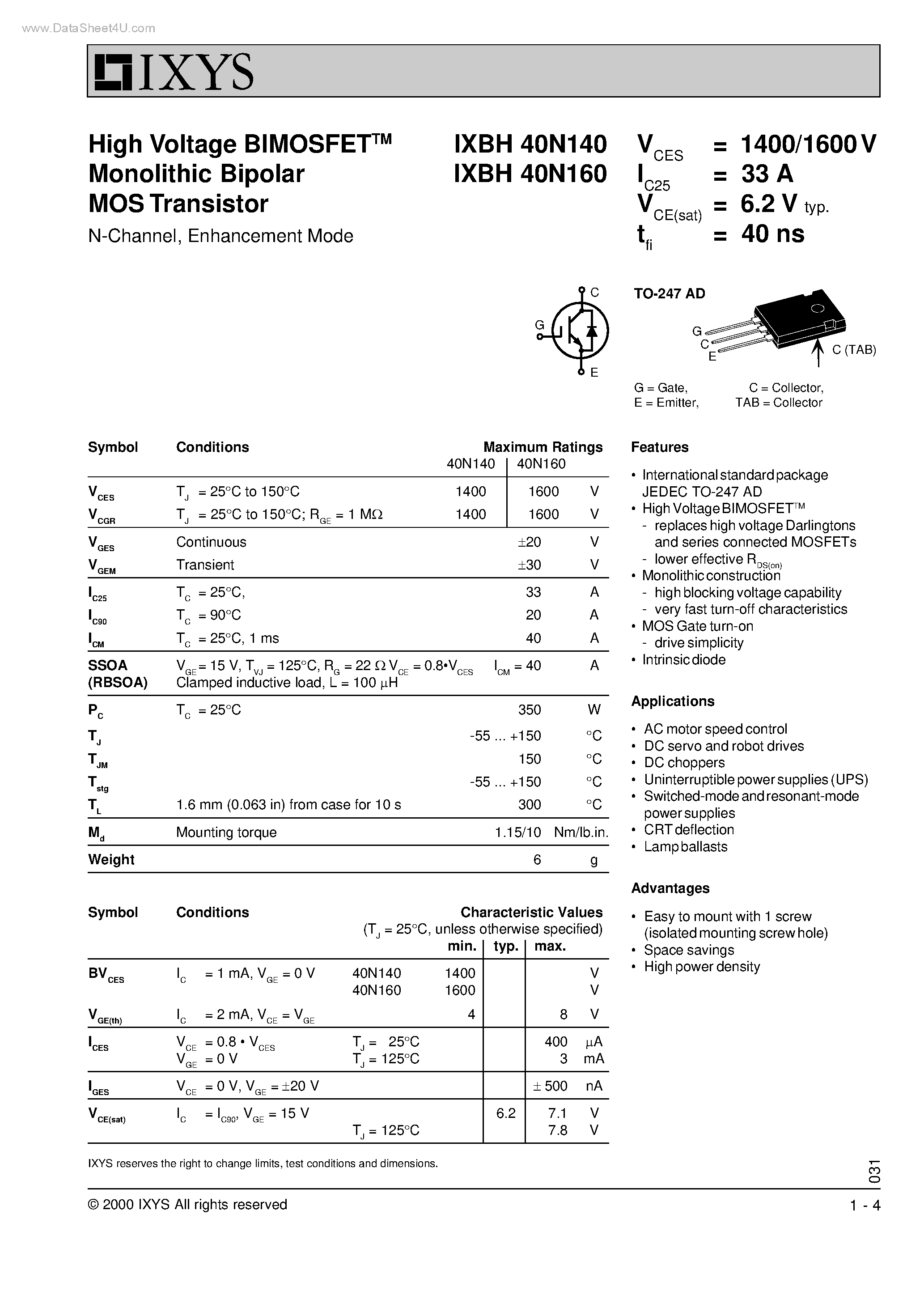 Datasheet IXBH40N140 - (IXBH40N140 / IXBH40N160) High Voltage BIMOSFET Monolithic Bipolar MOS Transistor - N-Channel page 1