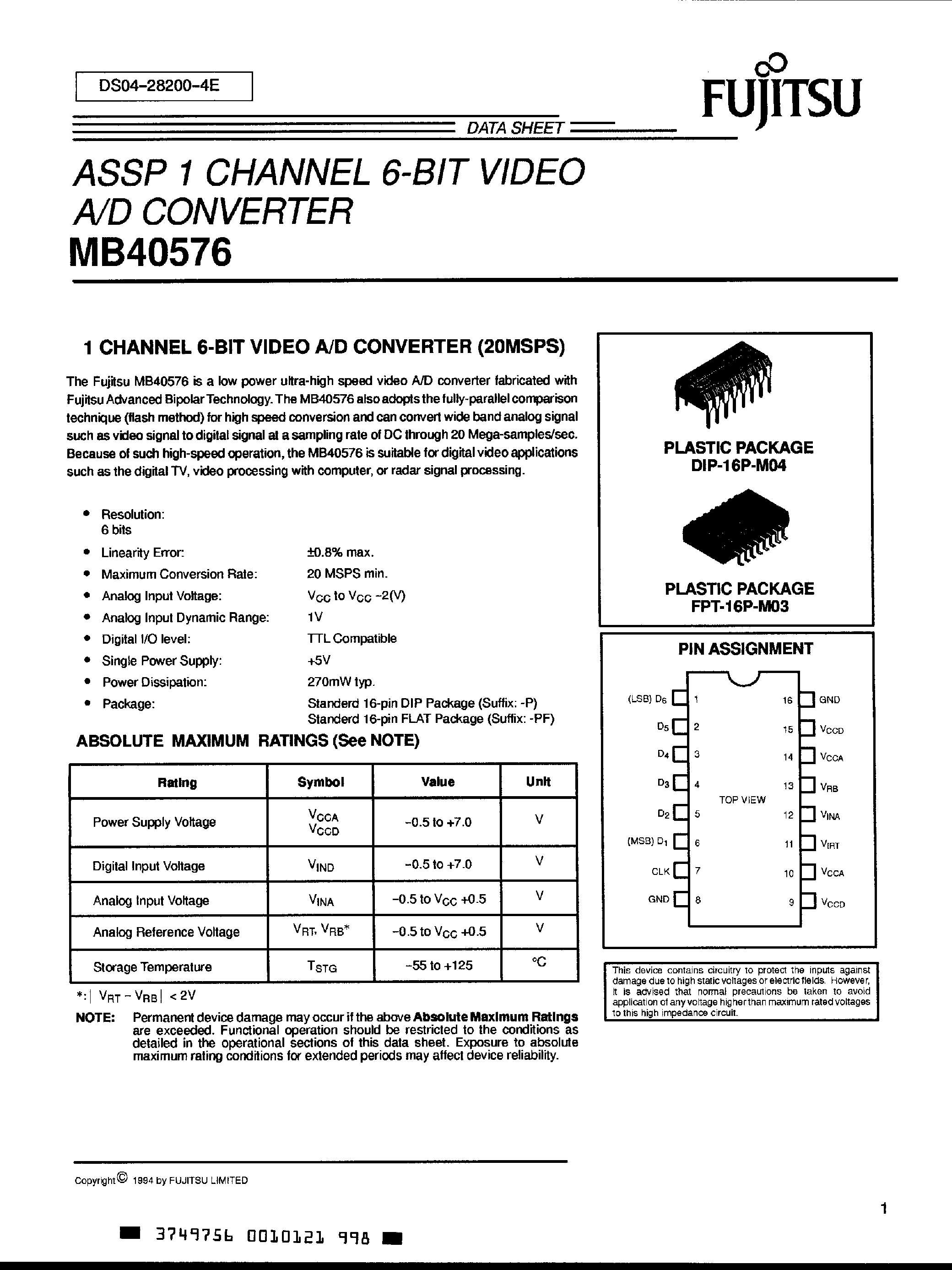 Datasheet MB40576 - ASSP 1 CHANNEL 6-BIT VIDEO A/D CONVERTER page 1