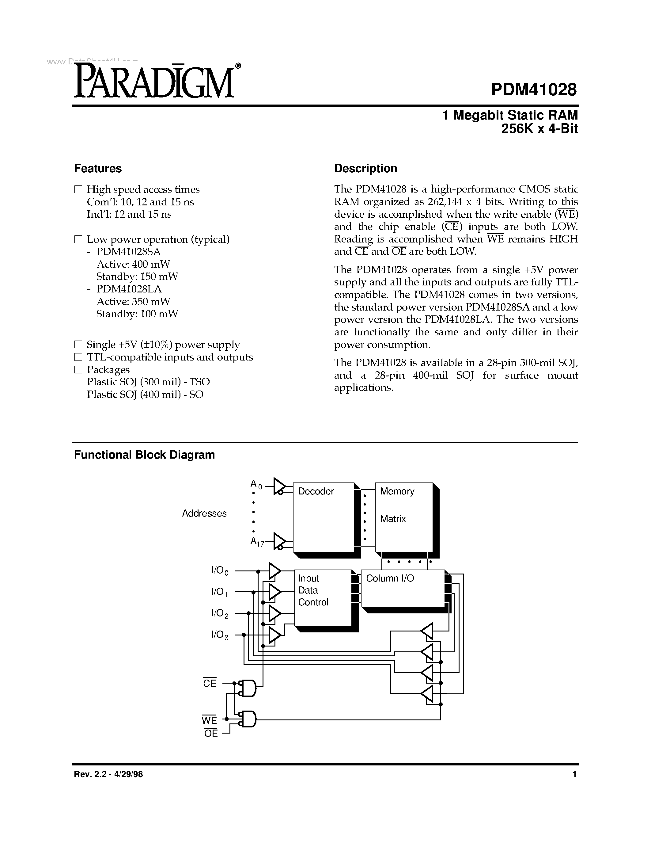Datasheet PDM41028 - 1 Megabit Static RAM 256K x 4-Bit page 1