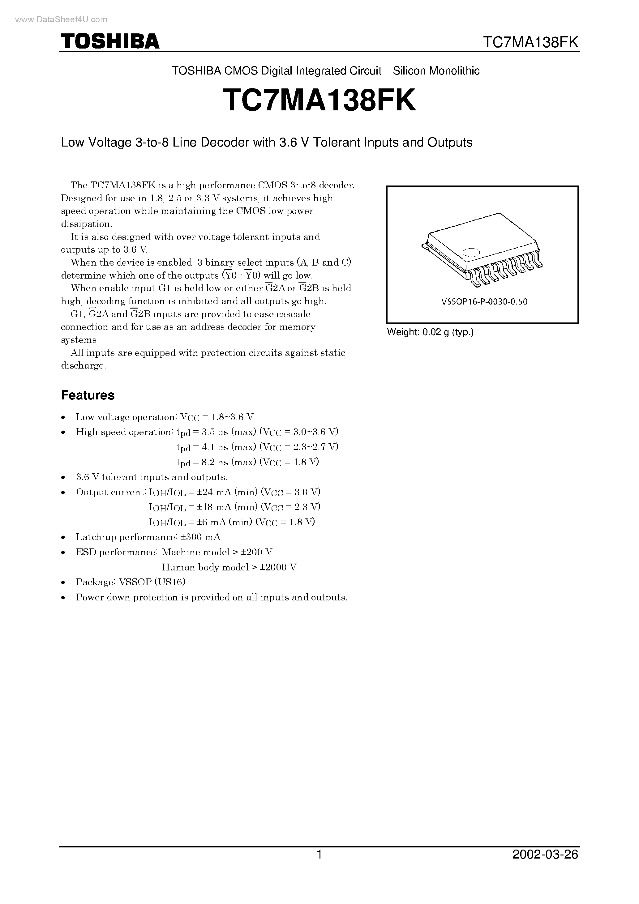 Даташит TC7MA138FK - Low Voltage 3-to-8 Line Decoder страница 1